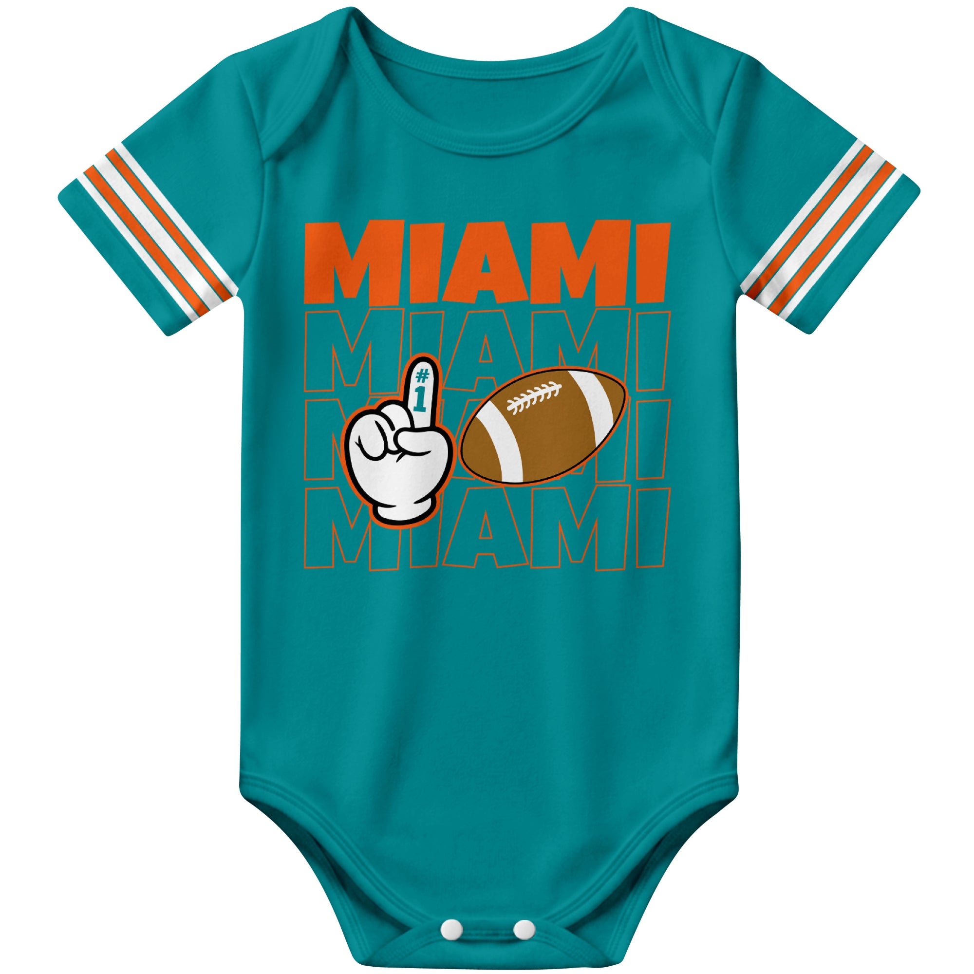 Miami Aqua football baby bodysuit front view with city lettering football and number one fan hand graphic