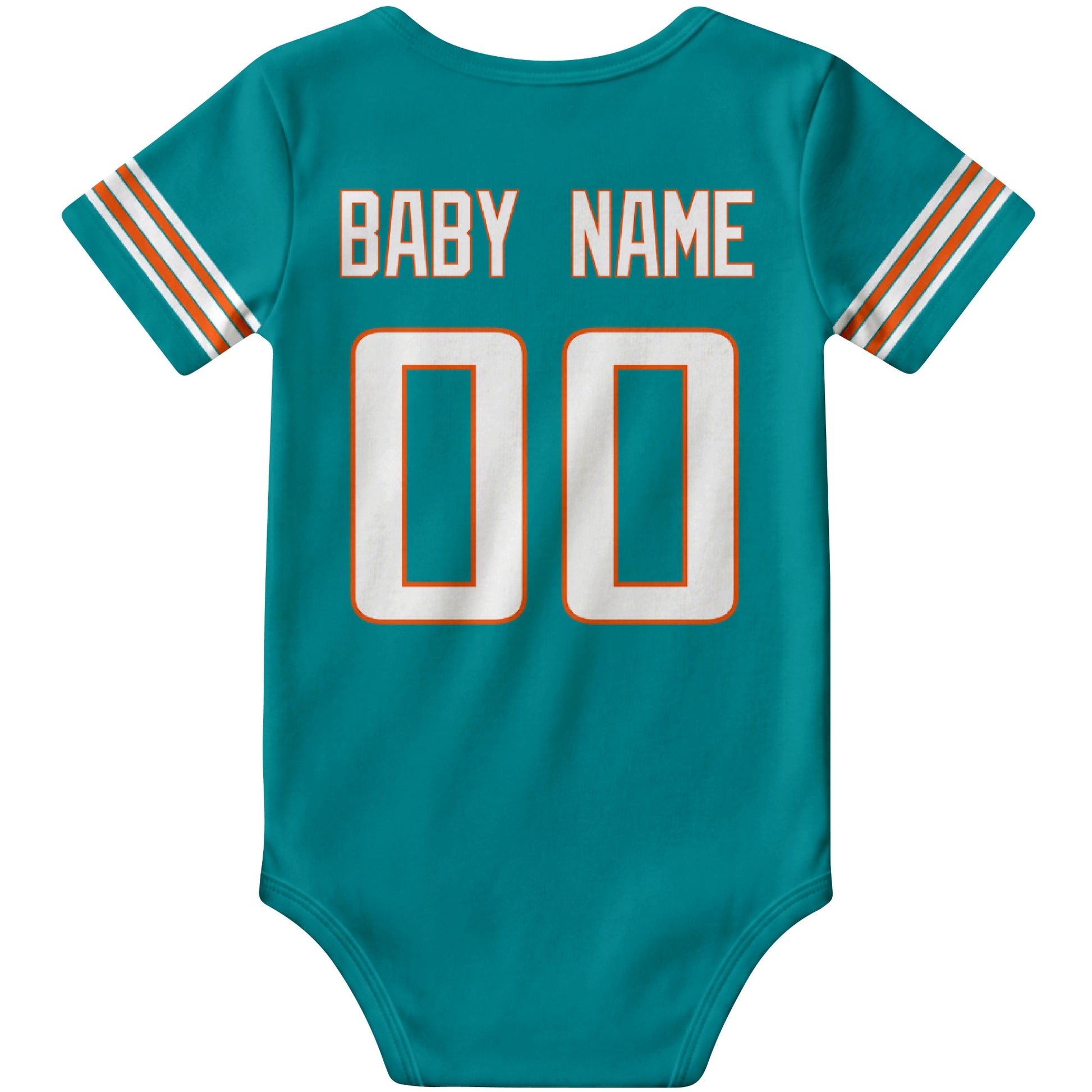 Miami Aqua personalized football baby bodysuit back view with custom baby name and jersey number