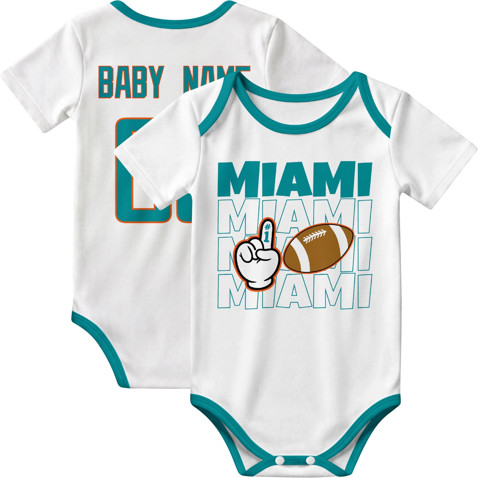 Miami personalized football baby bodysuit in White showing front number one fan design and back custom baby name and number