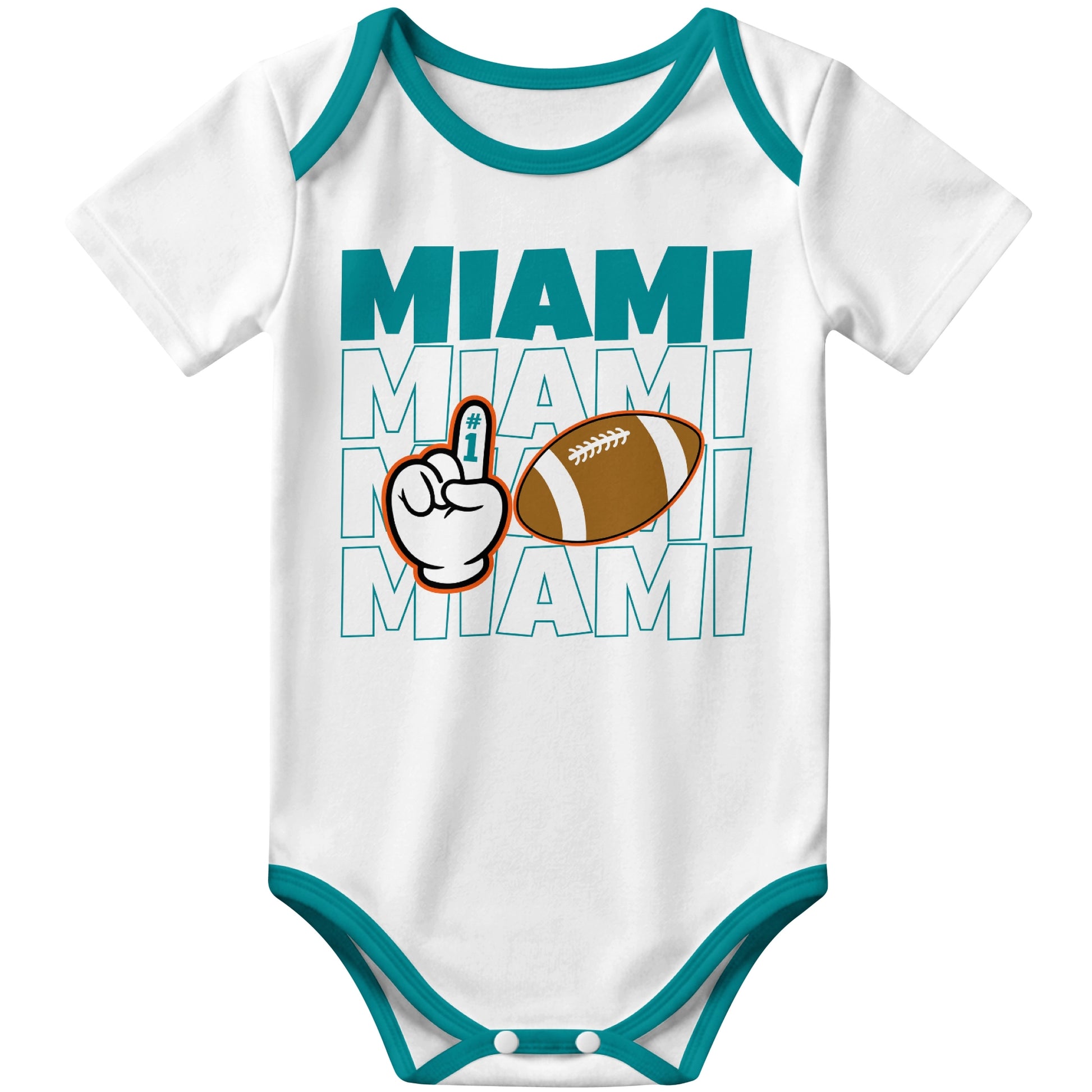 Miami White football baby bodysuit front view with city lettering football and number one fan hand graphic