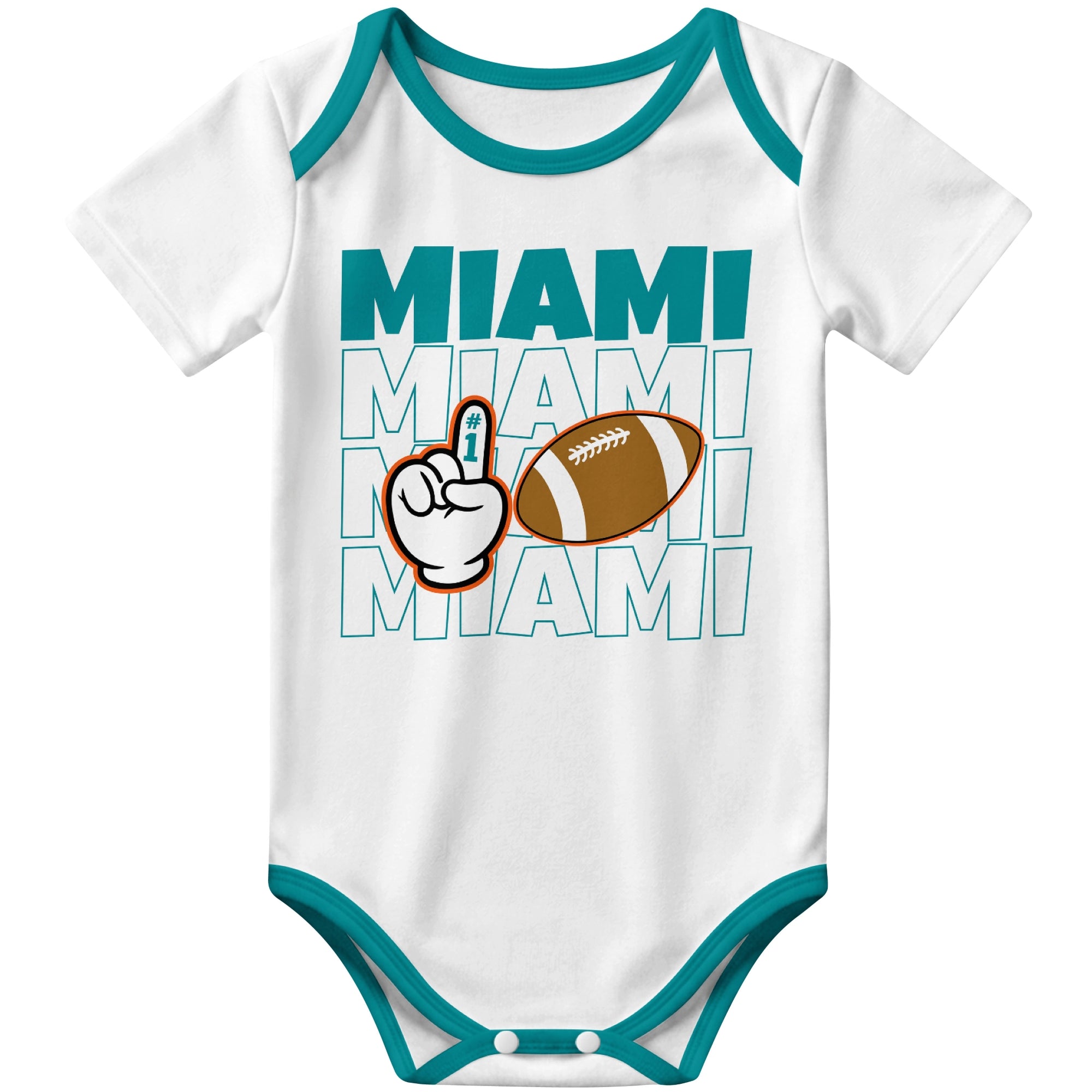 Miami White football baby bodysuit front view with city lettering football and number one fan hand graphic