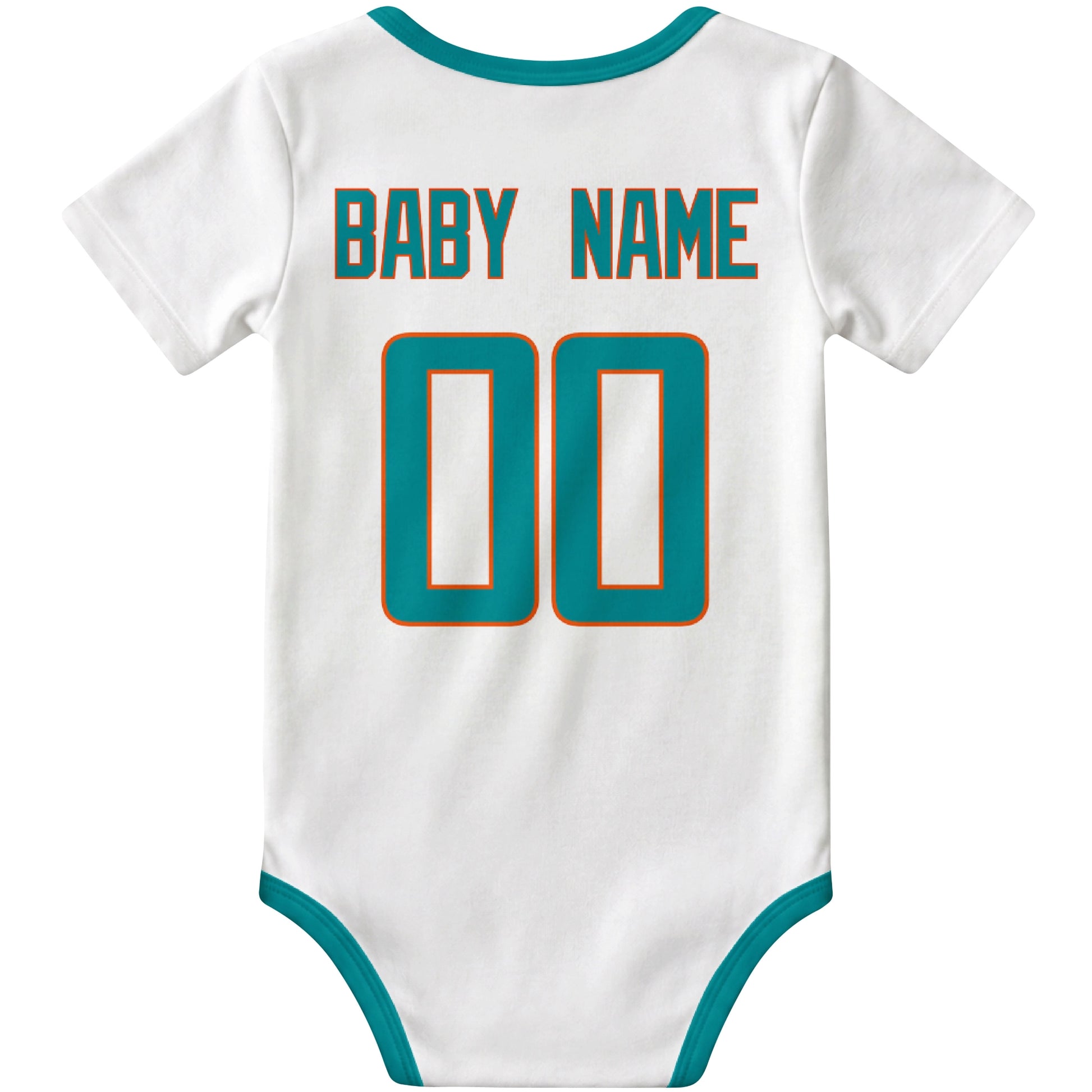 Miami White personalized football baby bodysuit back view with custom baby name and jersey number