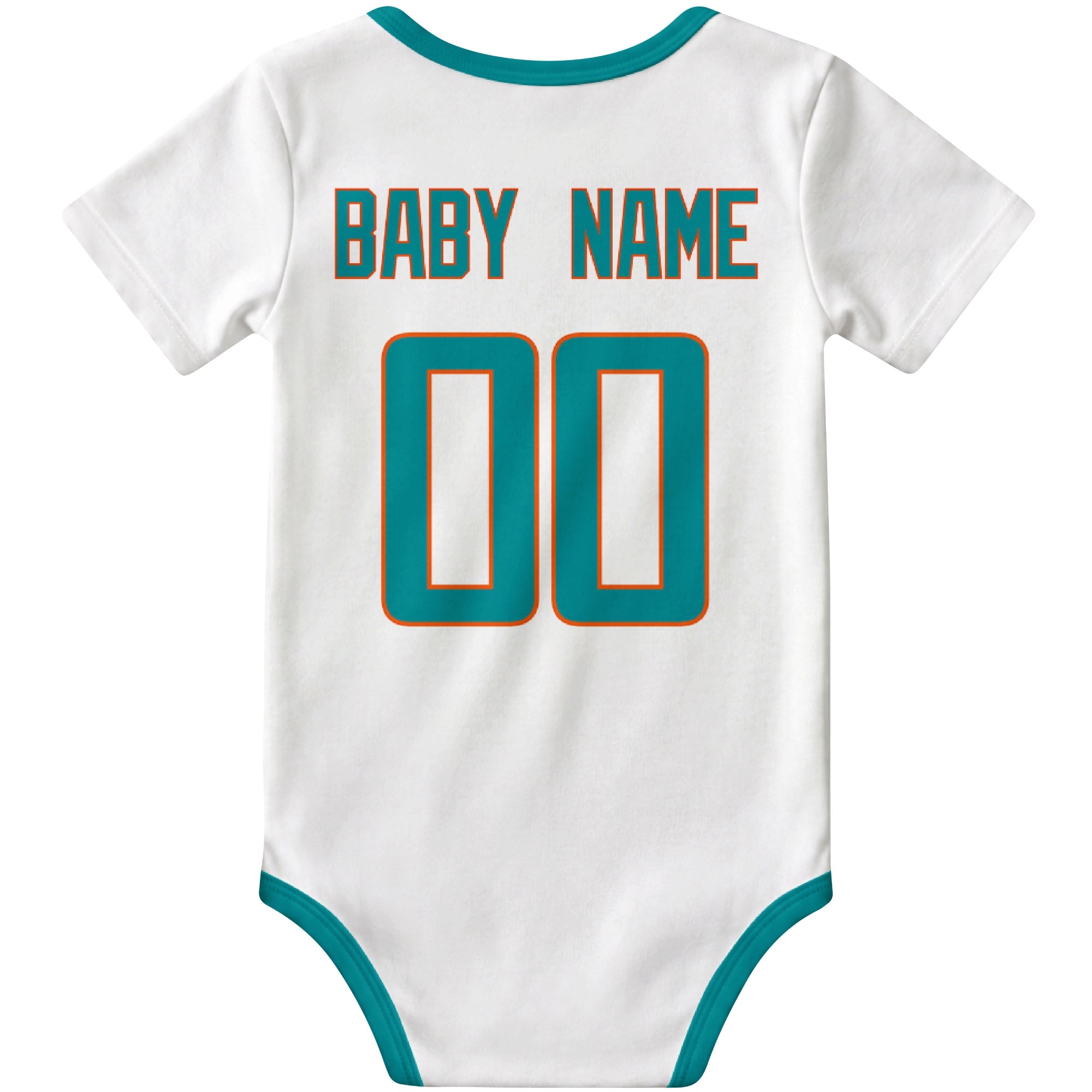 Miami White personalized football baby bodysuit back view with custom baby name and jersey number