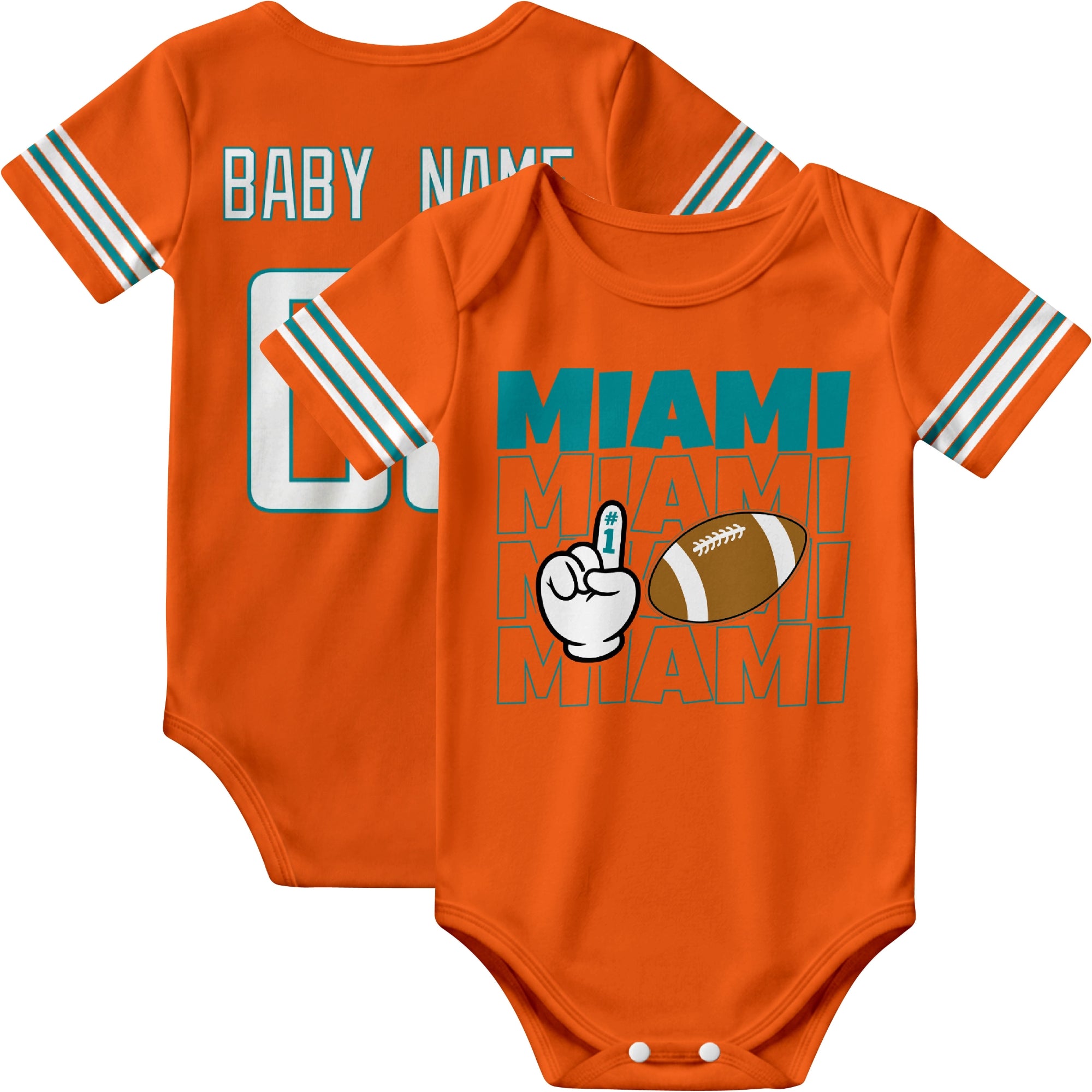 Miami personalized football baby bodysuit in Orange showing front number one fan design and back custom baby name and number