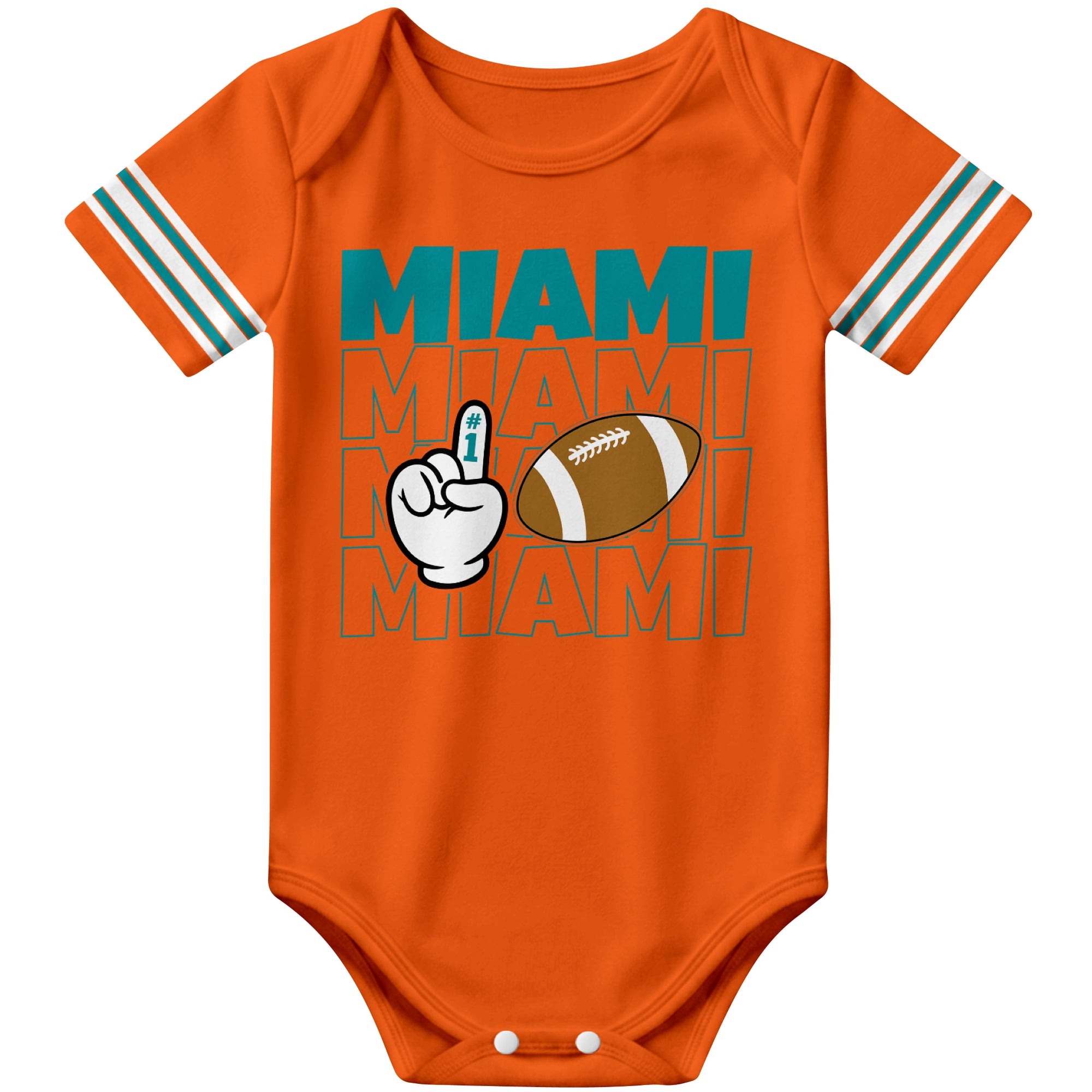 Miami Orange football baby bodysuit front view with city lettering football and number one fan hand graphic