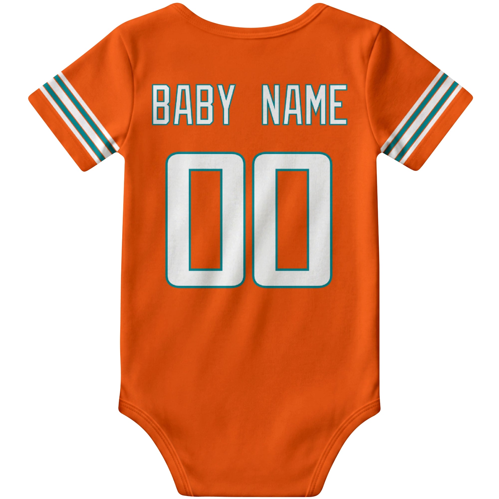 Miami Orange personalized football baby bodysuit back view with custom baby name and jersey number