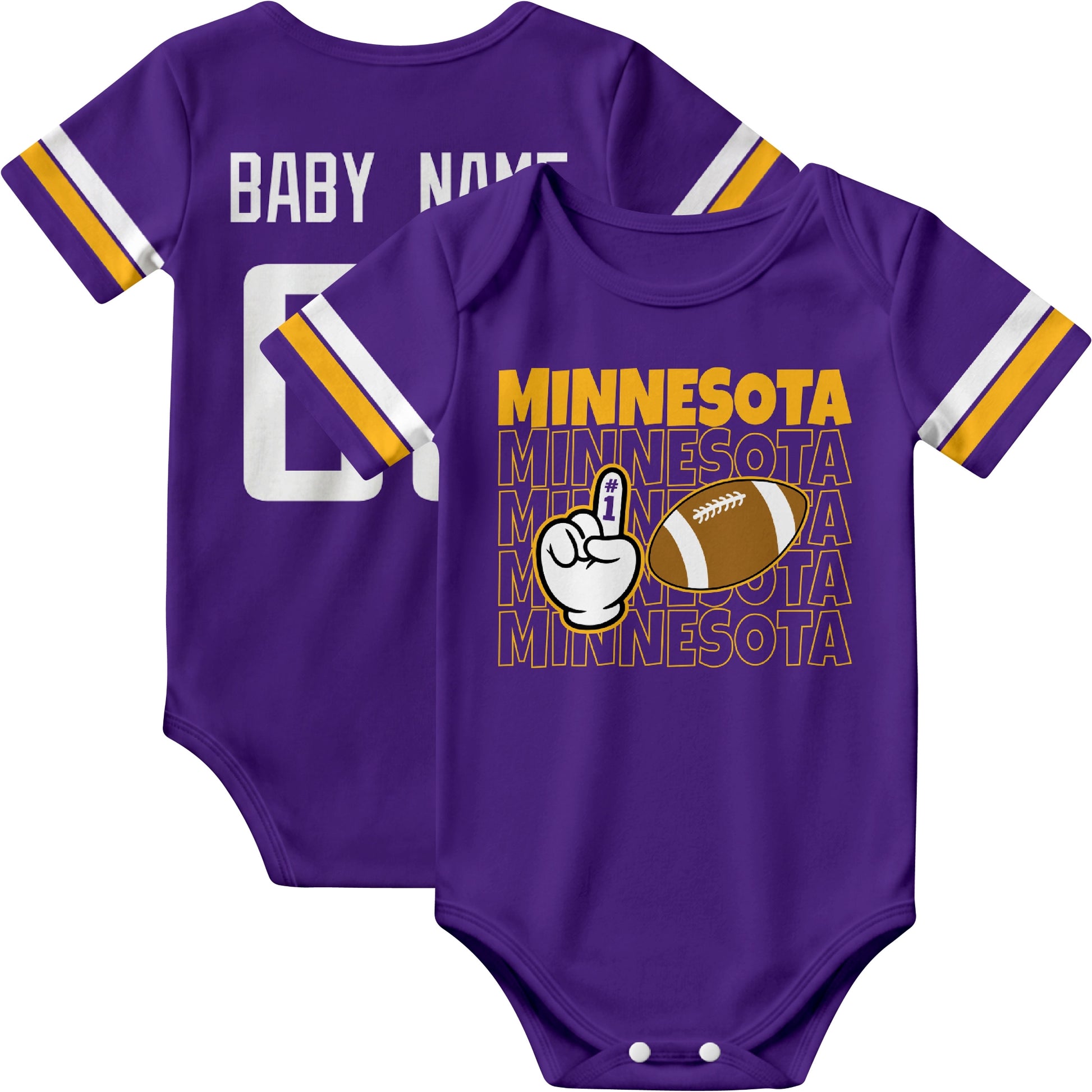 Minnesota personalized football baby bodysuit in Purple showing front number one fan design and back custom baby name and number
