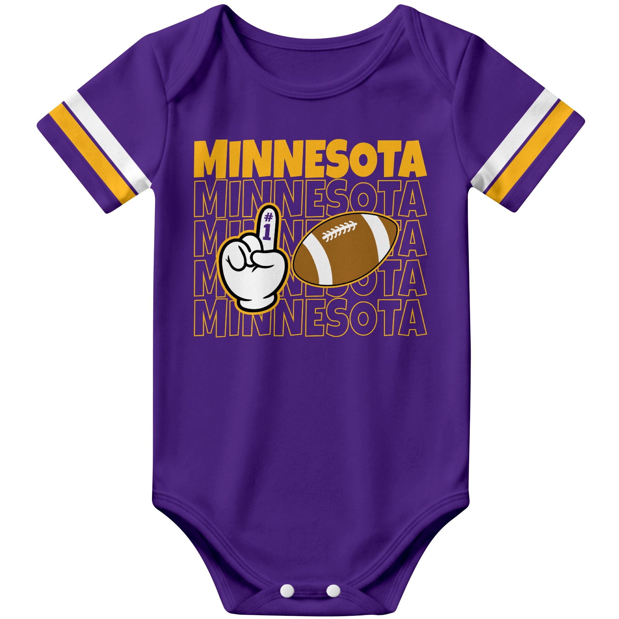 Minnesota Purple football baby bodysuit front view with city lettering football and number one fan hand graphic