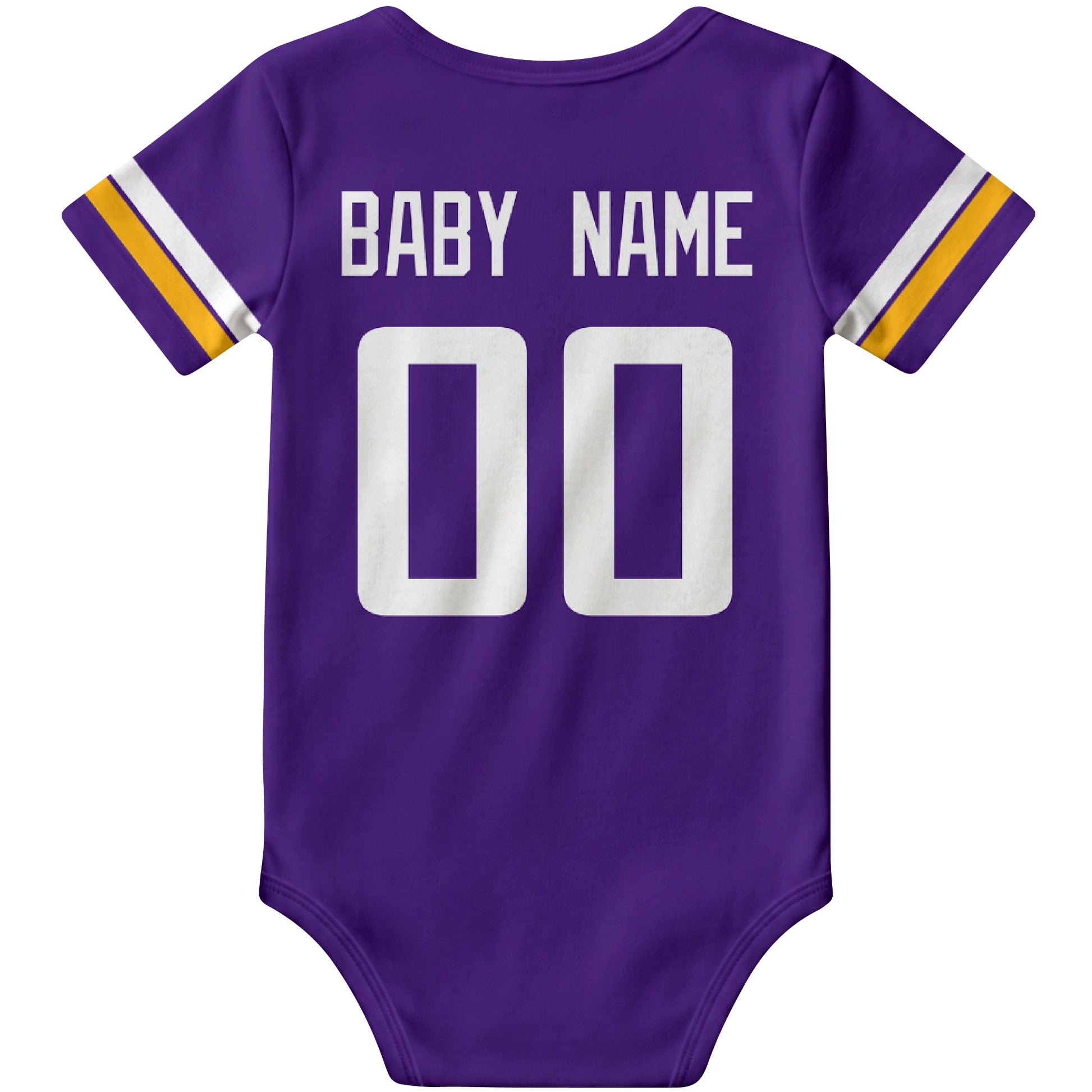 Minnesota Purple personalized football baby bodysuit back view with custom baby name and jersey number