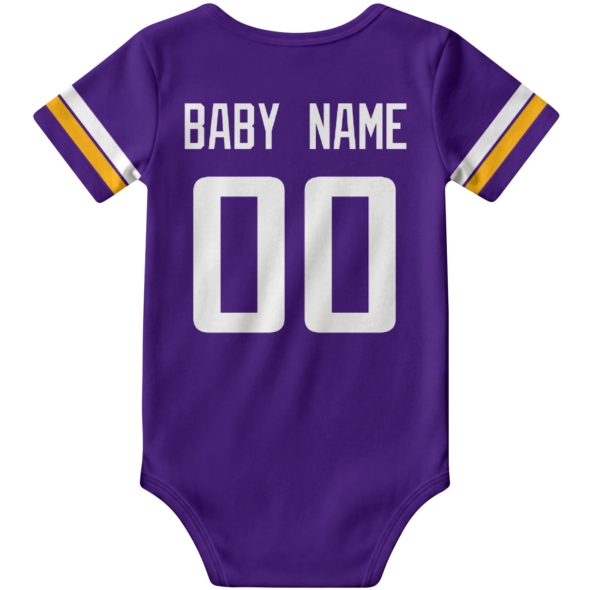Minnesota Purple personalized football baby bodysuit back view with custom baby name and jersey number