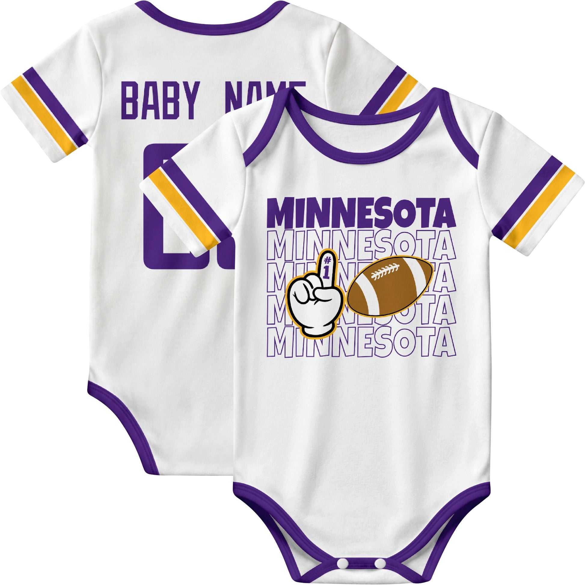 Minnesota personalized football baby bodysuit in White showing front number one fan design and back custom baby name and number