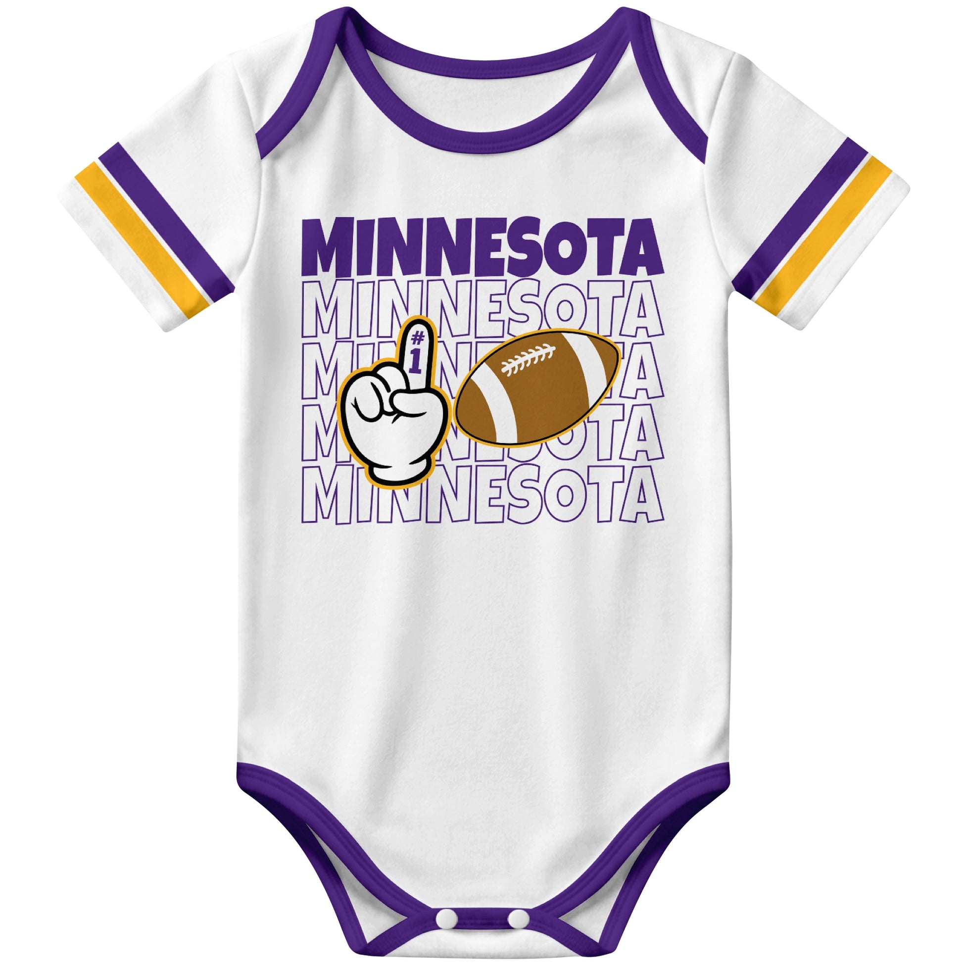 Minnesota White football baby bodysuit front view with city lettering football and number one fan hand graphic