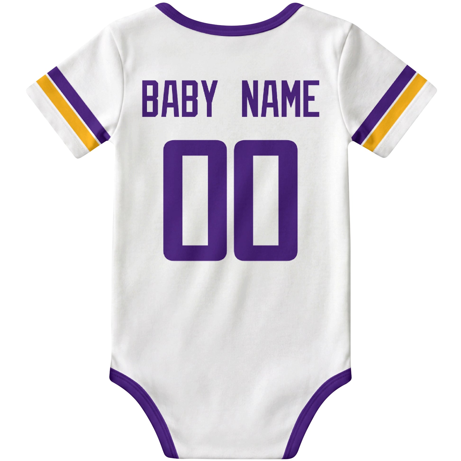 Minnesota White personalized football baby bodysuit back view with custom baby name and jersey number