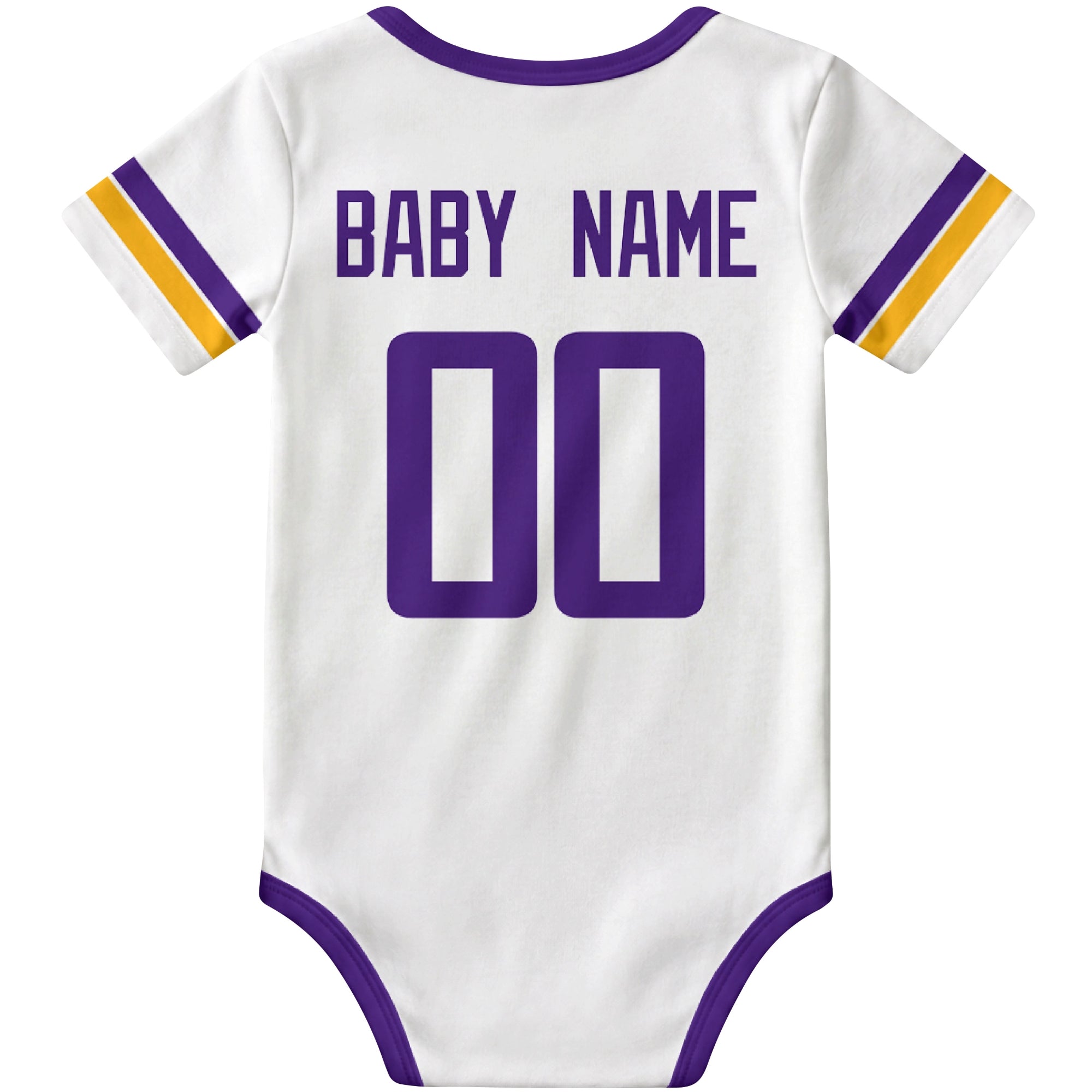 Minnesota White personalized football baby bodysuit back view with custom baby name and jersey number