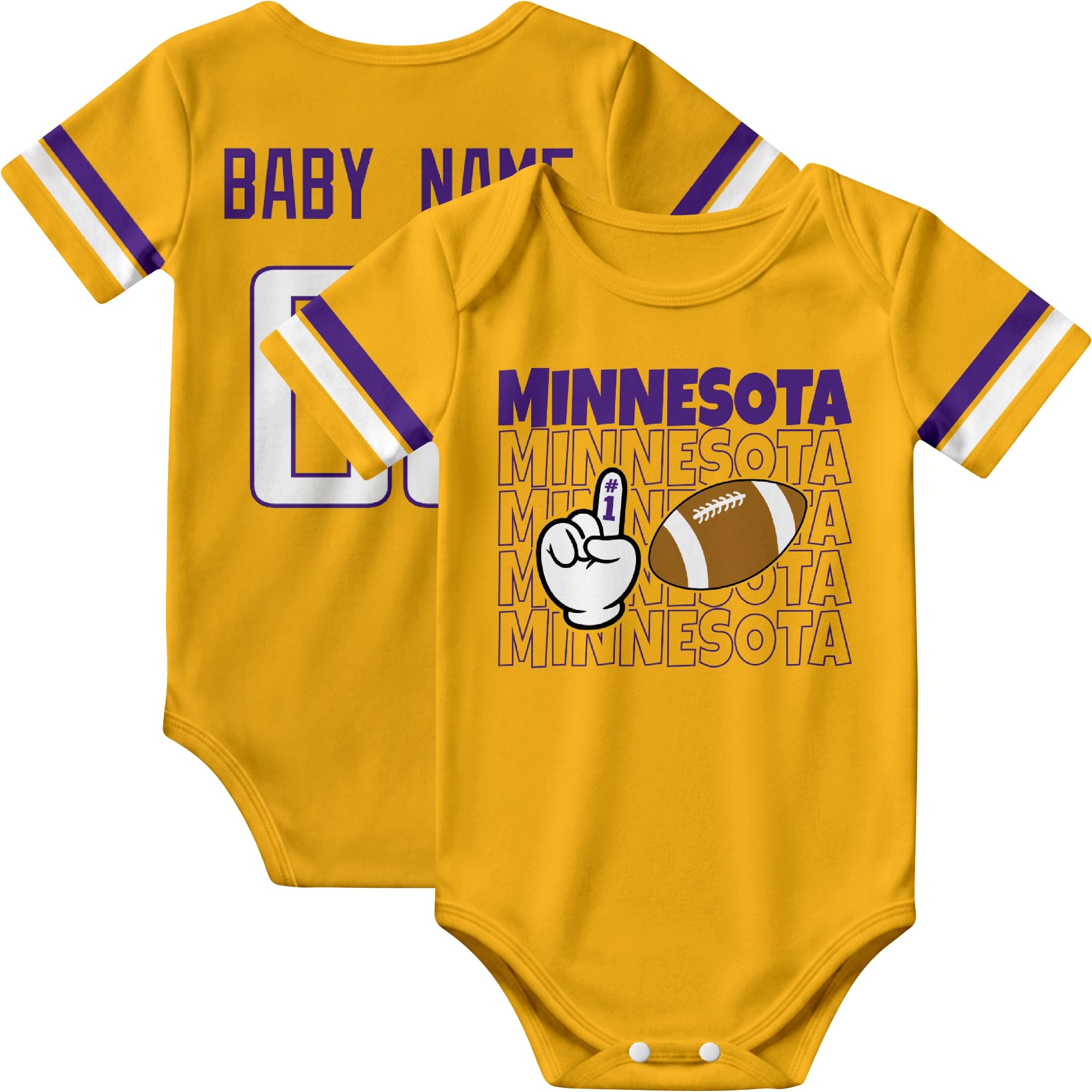Minnesota personalized football baby bodysuit in Gold showing front number one fan design and back custom baby name and number