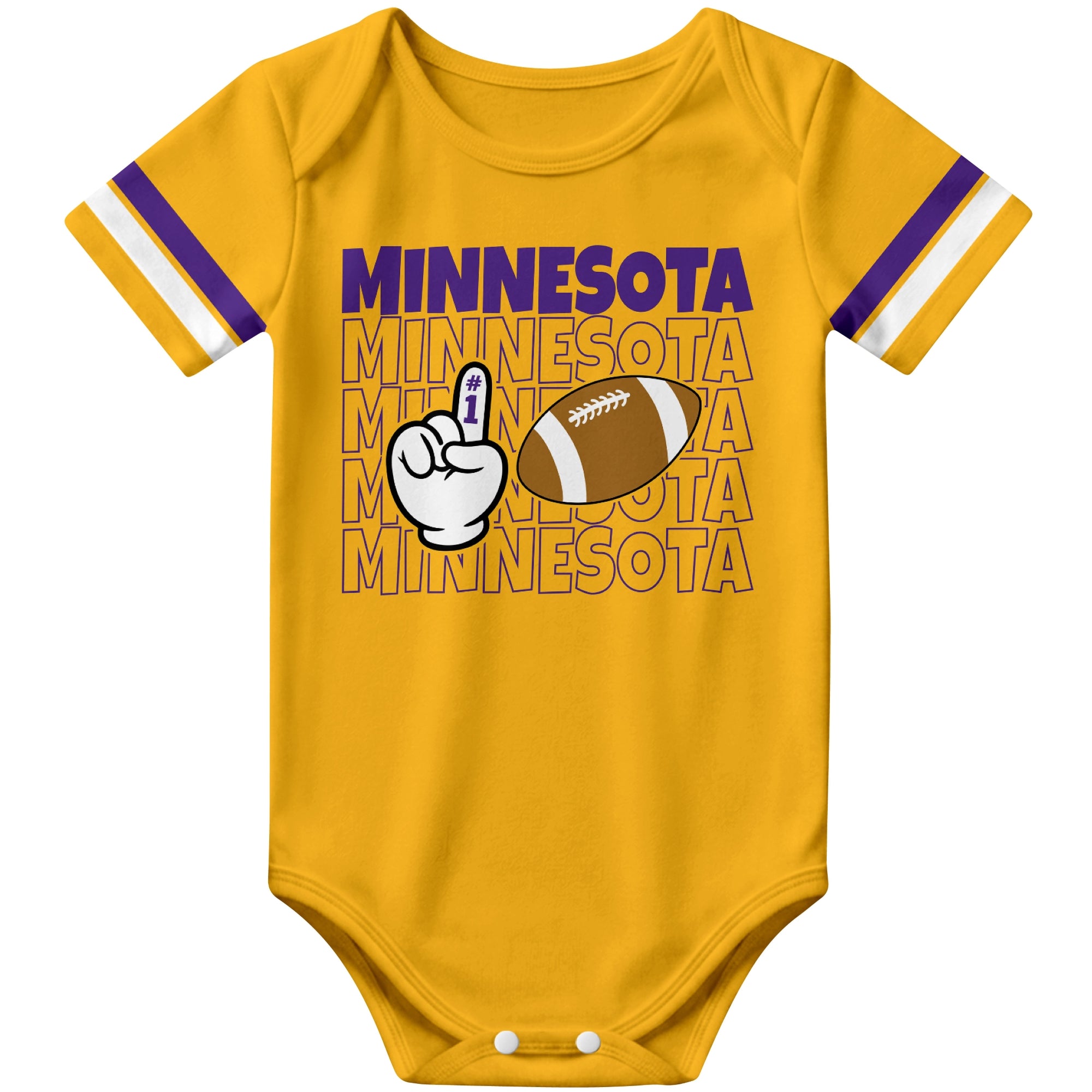 Minnesota Gold football baby bodysuit front view with city lettering football and number one fan hand graphic