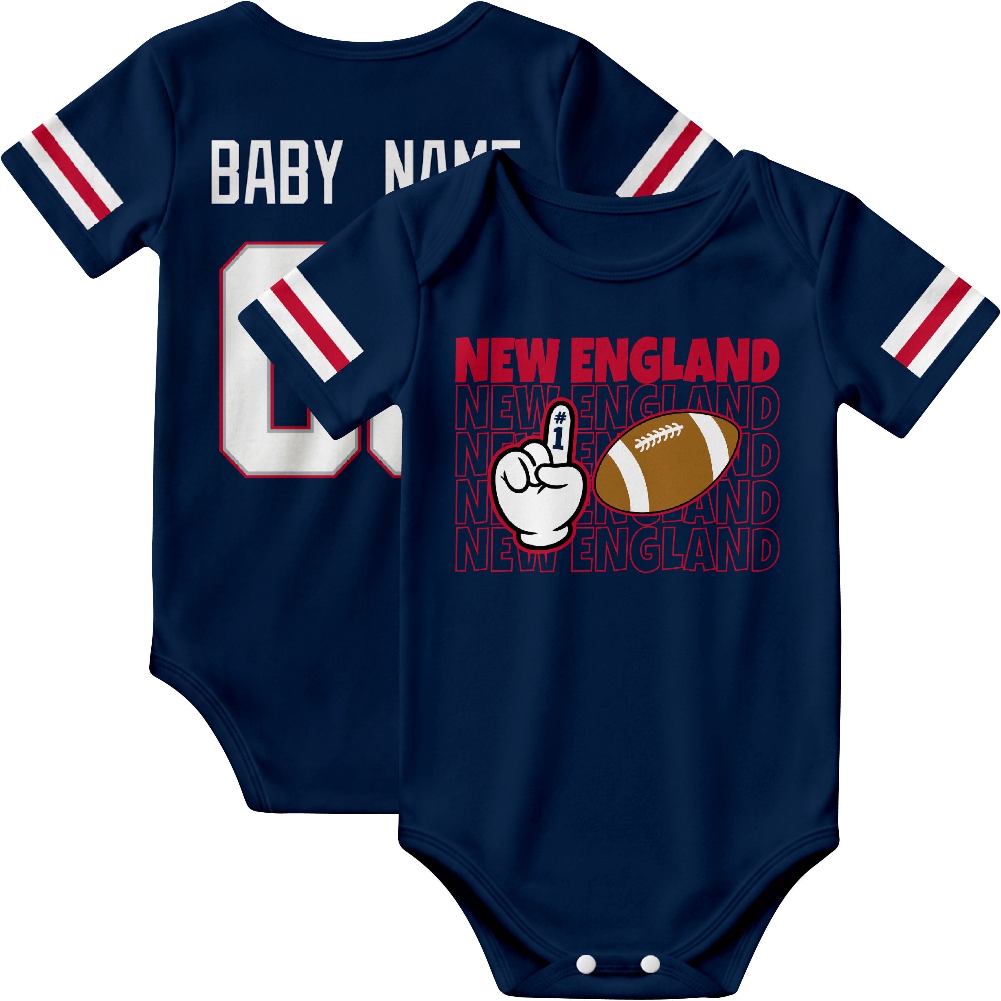 New England personalized football baby bodysuit in Navy showing front number one fan design and back custom baby name and number