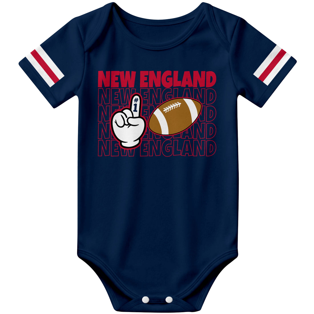 New England personalized football baby bodysuit in Navy showing front number one fan design and back custom baby name and number