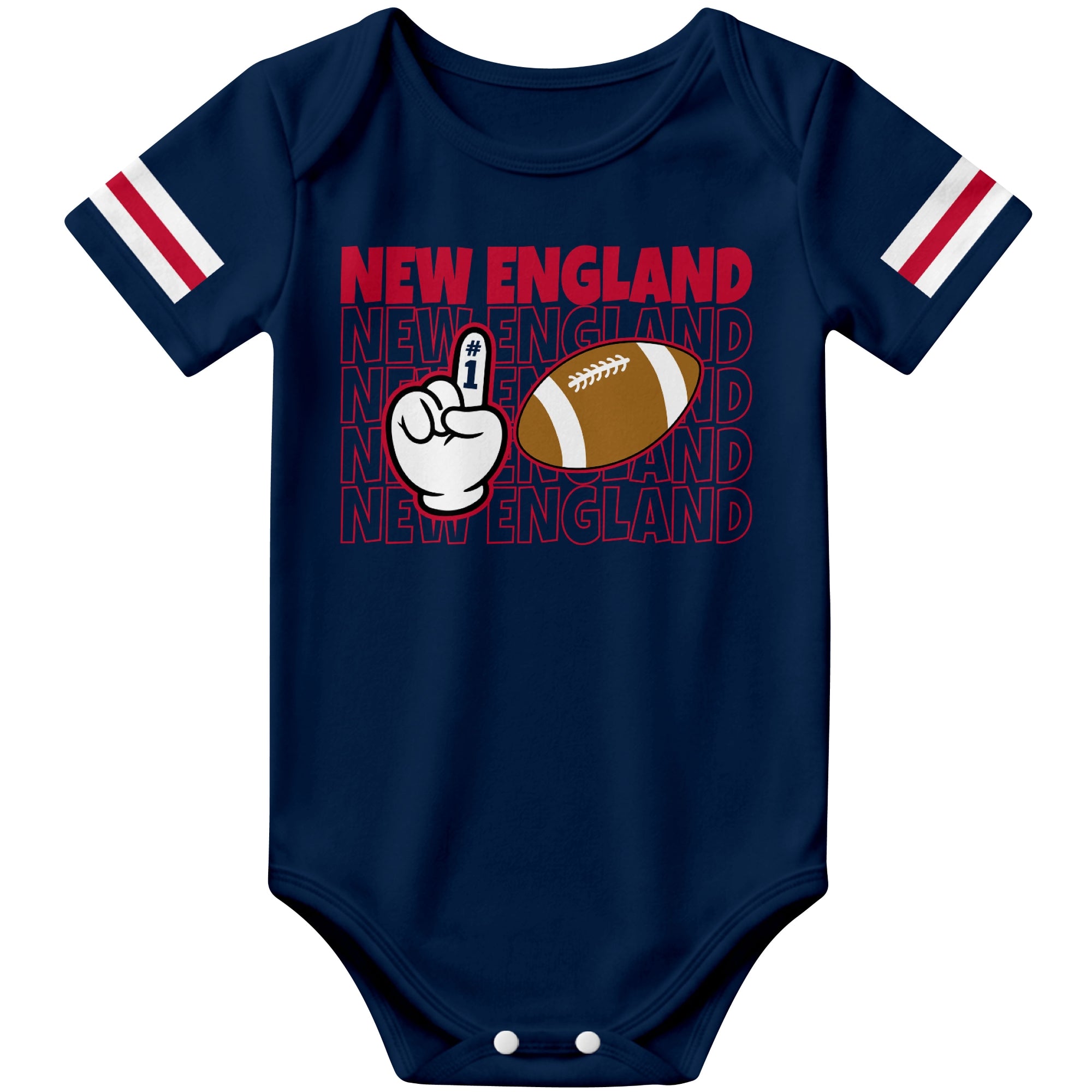 New England Navy football baby bodysuit front view with city lettering football and number one fan hand graphic