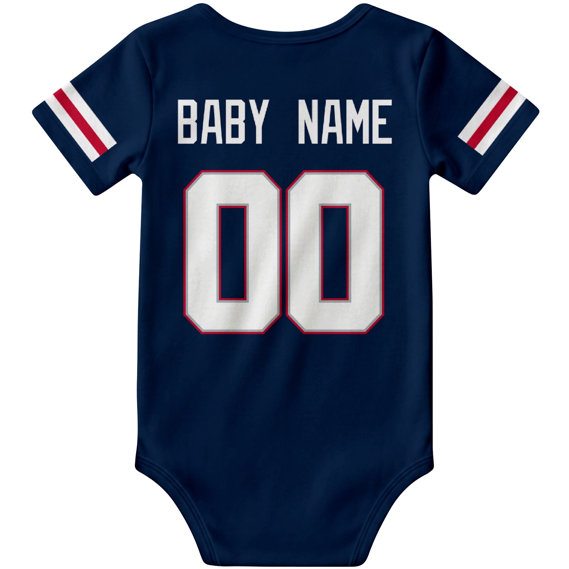 New England Navy personalized football baby bodysuit back view with custom baby name and jersey number