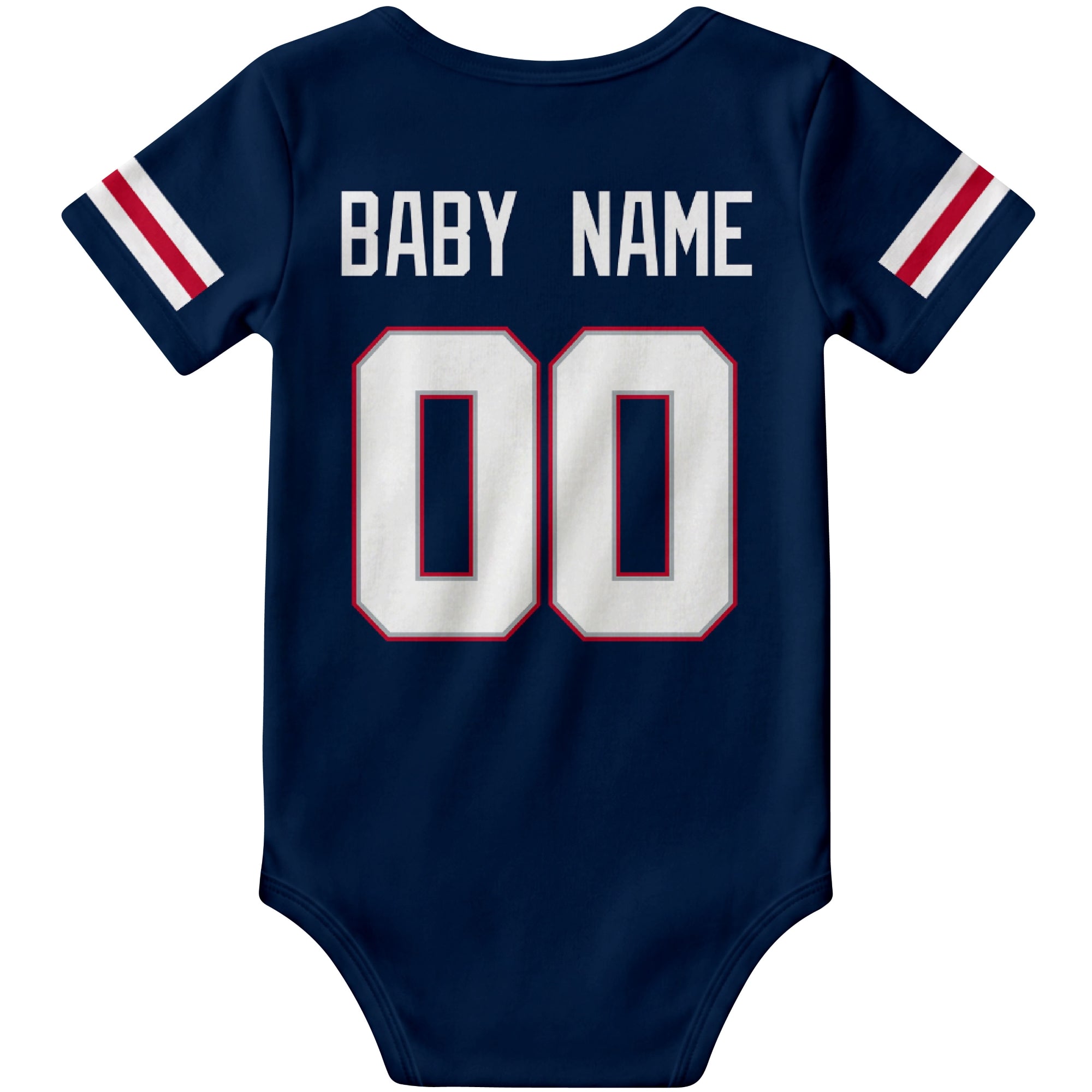 New England Navy personalized football baby bodysuit back view with custom baby name and jersey number