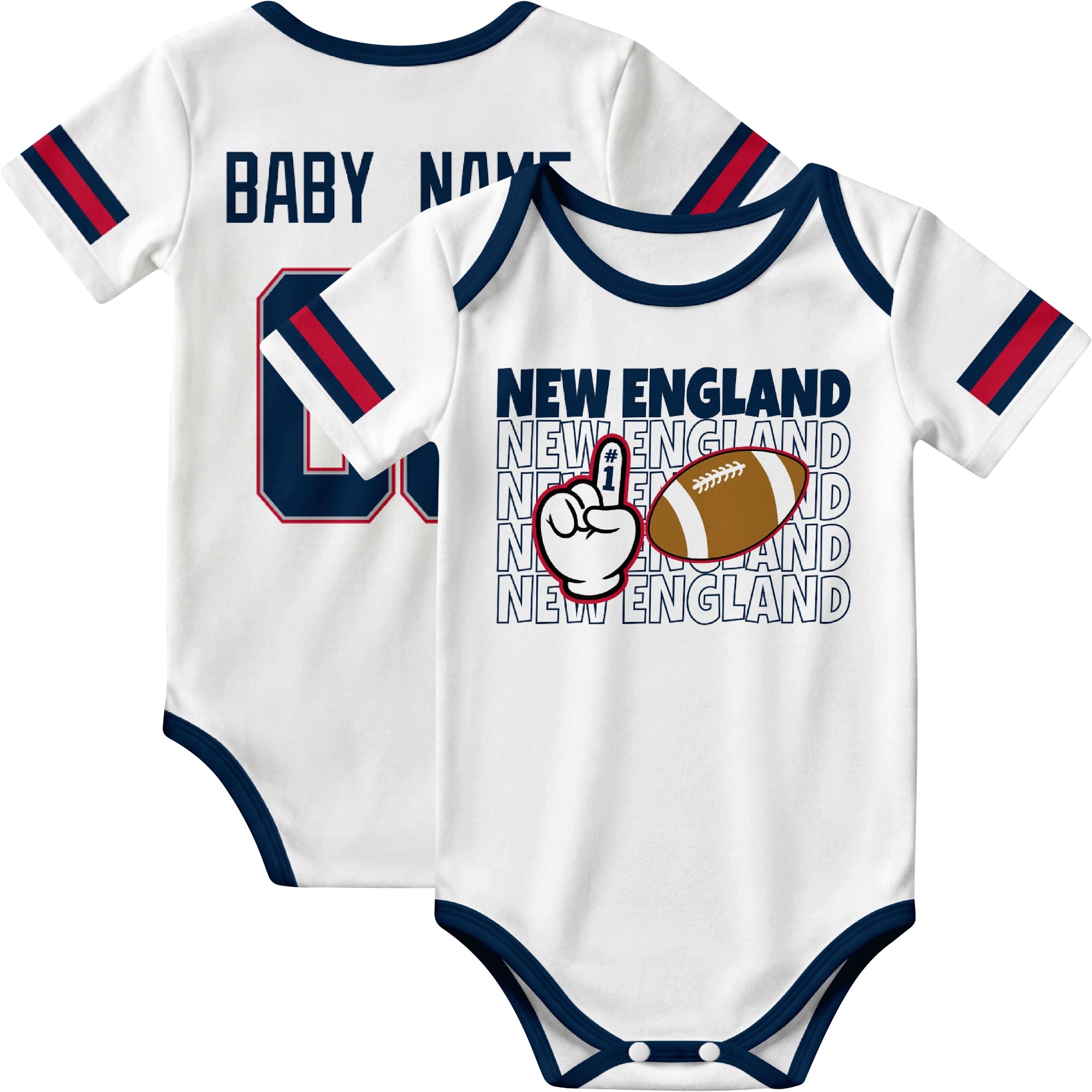 New England personalized football baby bodysuit in White showing front number one fan design and back custom baby name and number