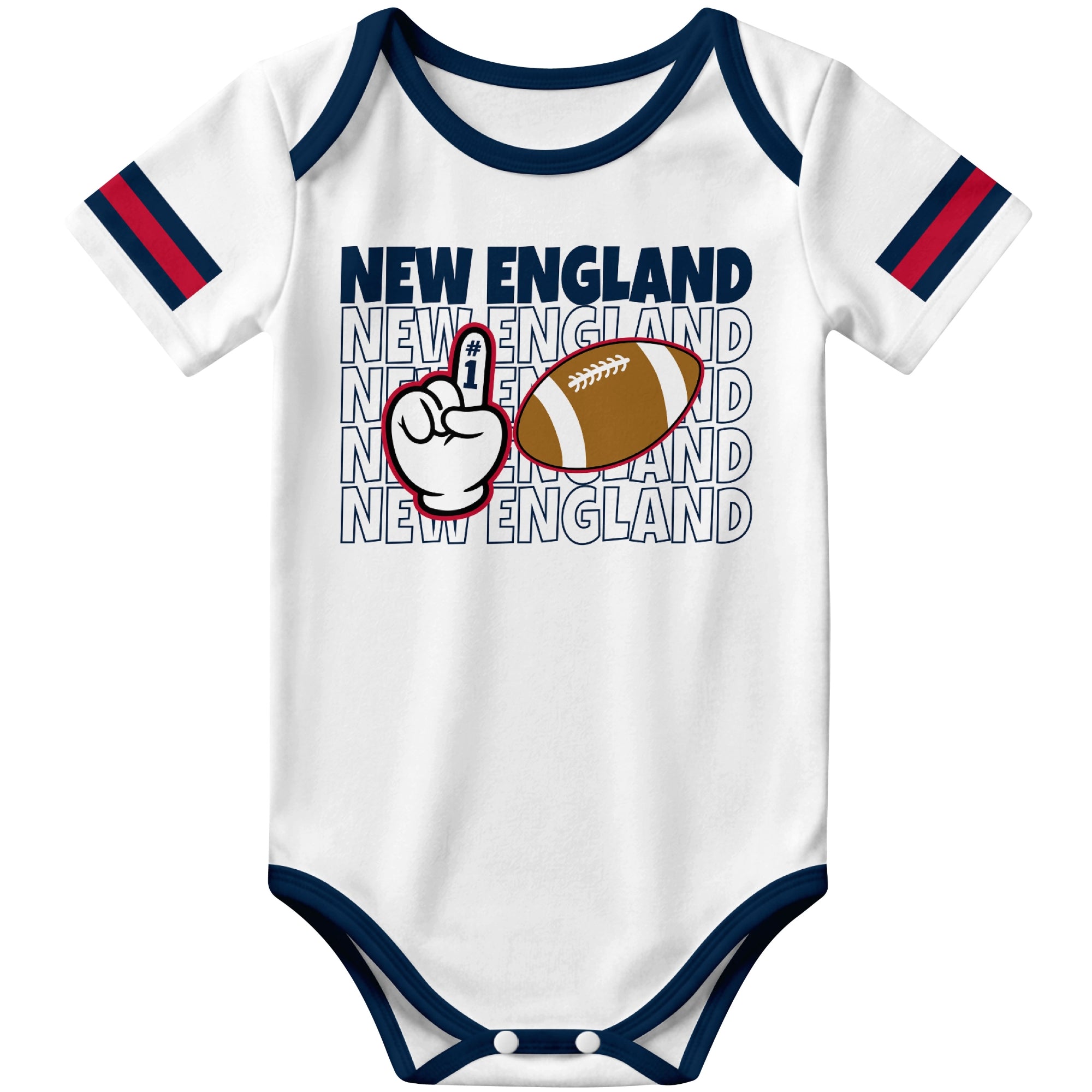 New England White football baby bodysuit front view with city lettering football and number one fan hand graphic