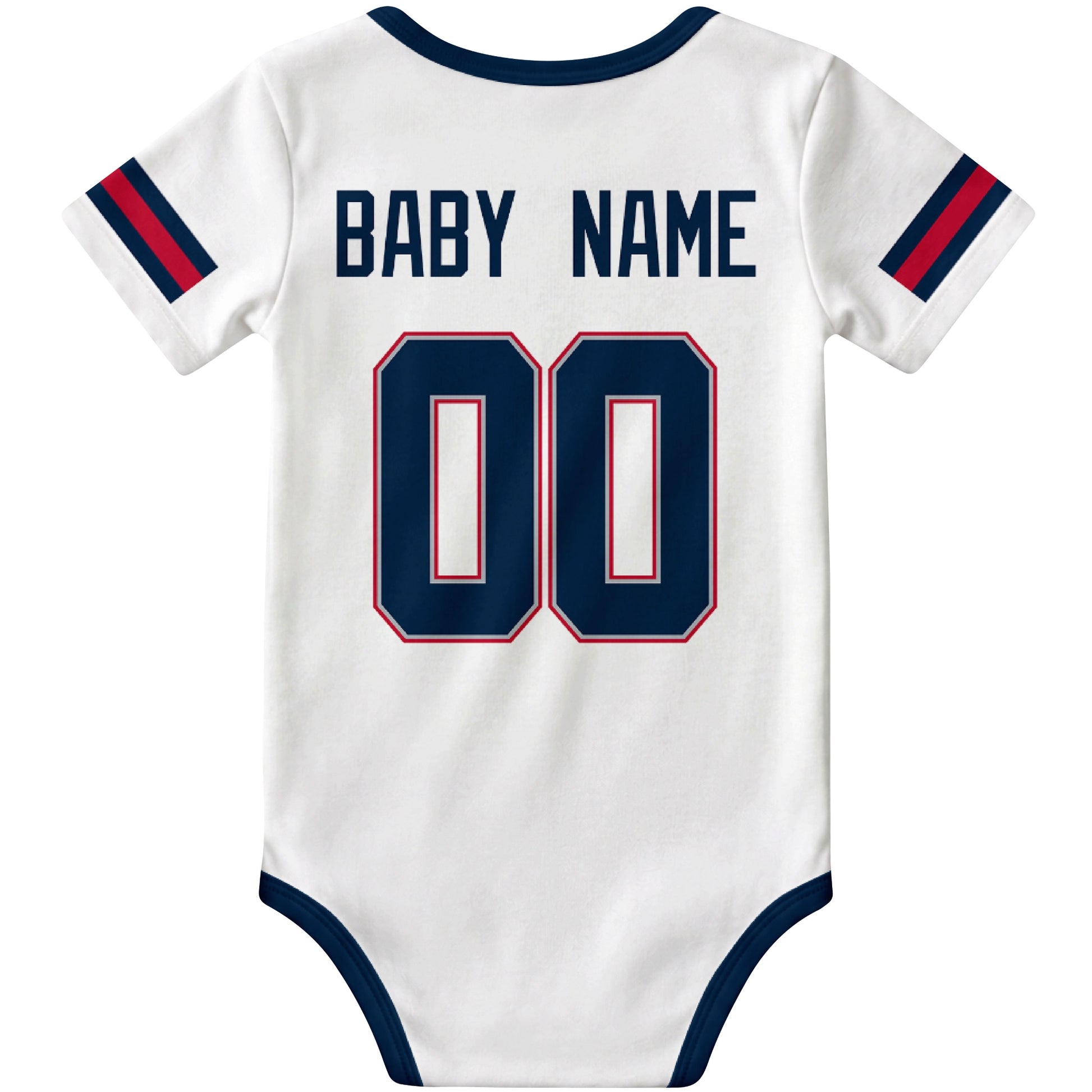 New England White personalized football baby bodysuit back view with custom baby name and jersey number