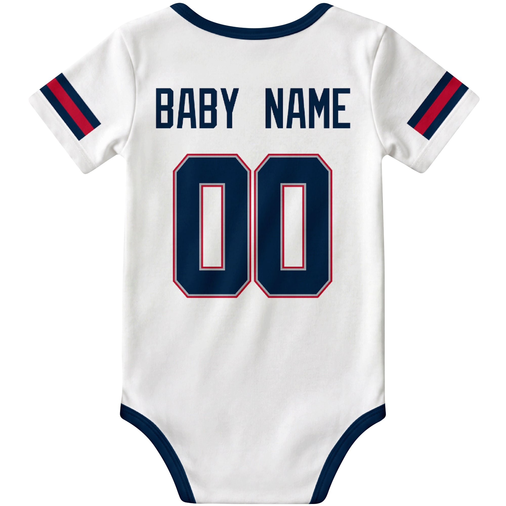 New England White personalized football baby bodysuit back view with custom baby name and jersey number