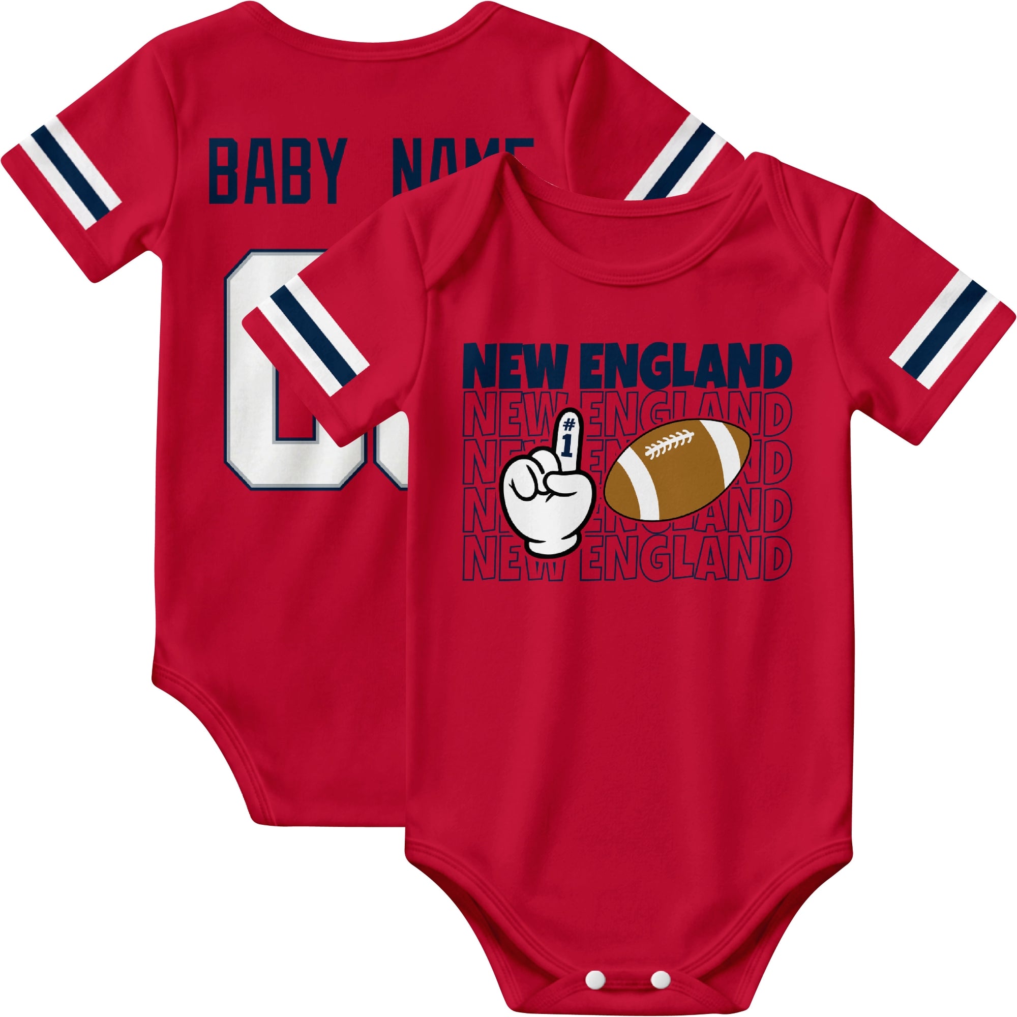 New England personalized football baby bodysuit in Red showing front number one fan design and back custom baby name and number