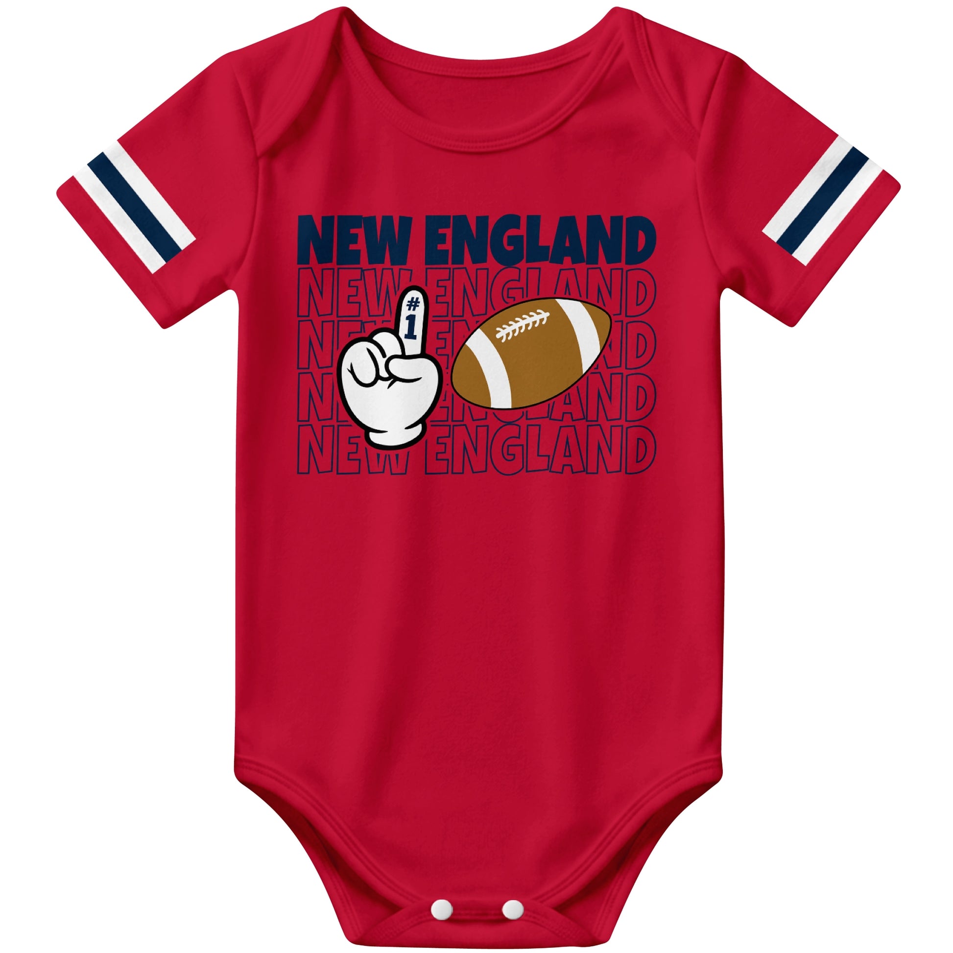New England Red football baby bodysuit front view with city lettering football and number one fan hand graphic