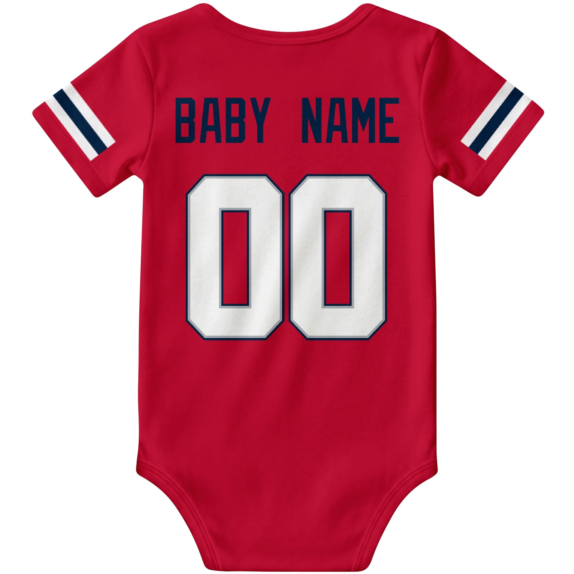 New England Red personalized football baby bodysuit back view with custom baby name and jersey number
