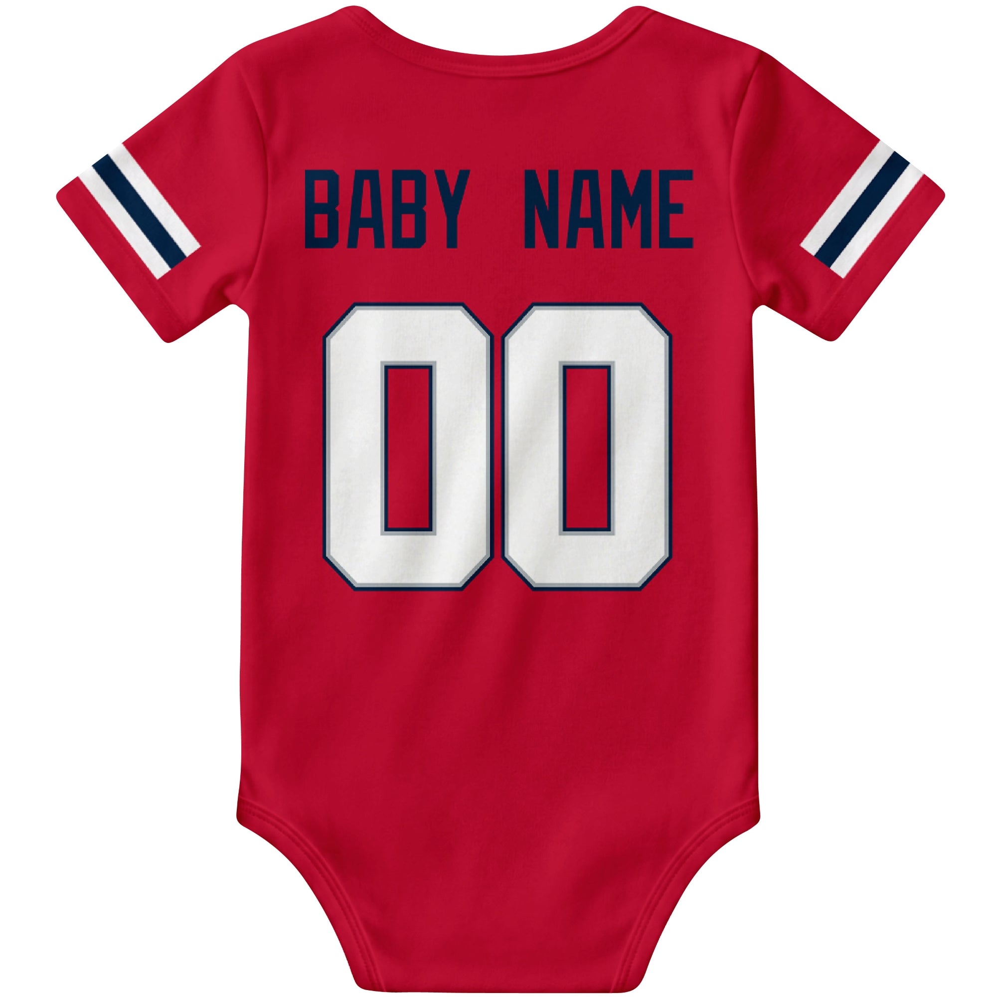 New England Red personalized football baby bodysuit back view with custom baby name and jersey number