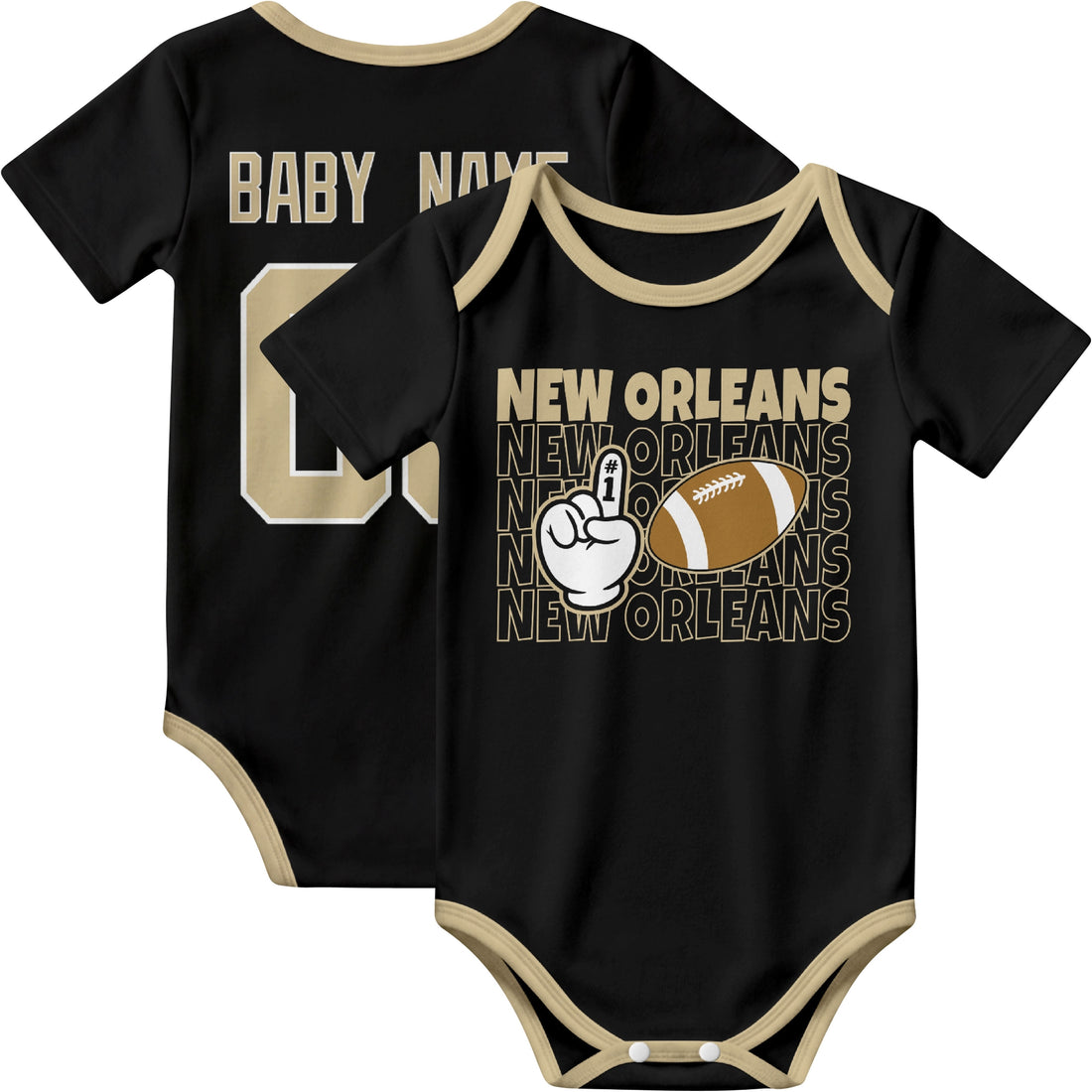 New Orleans personalized football baby bodysuit in Black showing front number one fan design and back custom baby name and number
