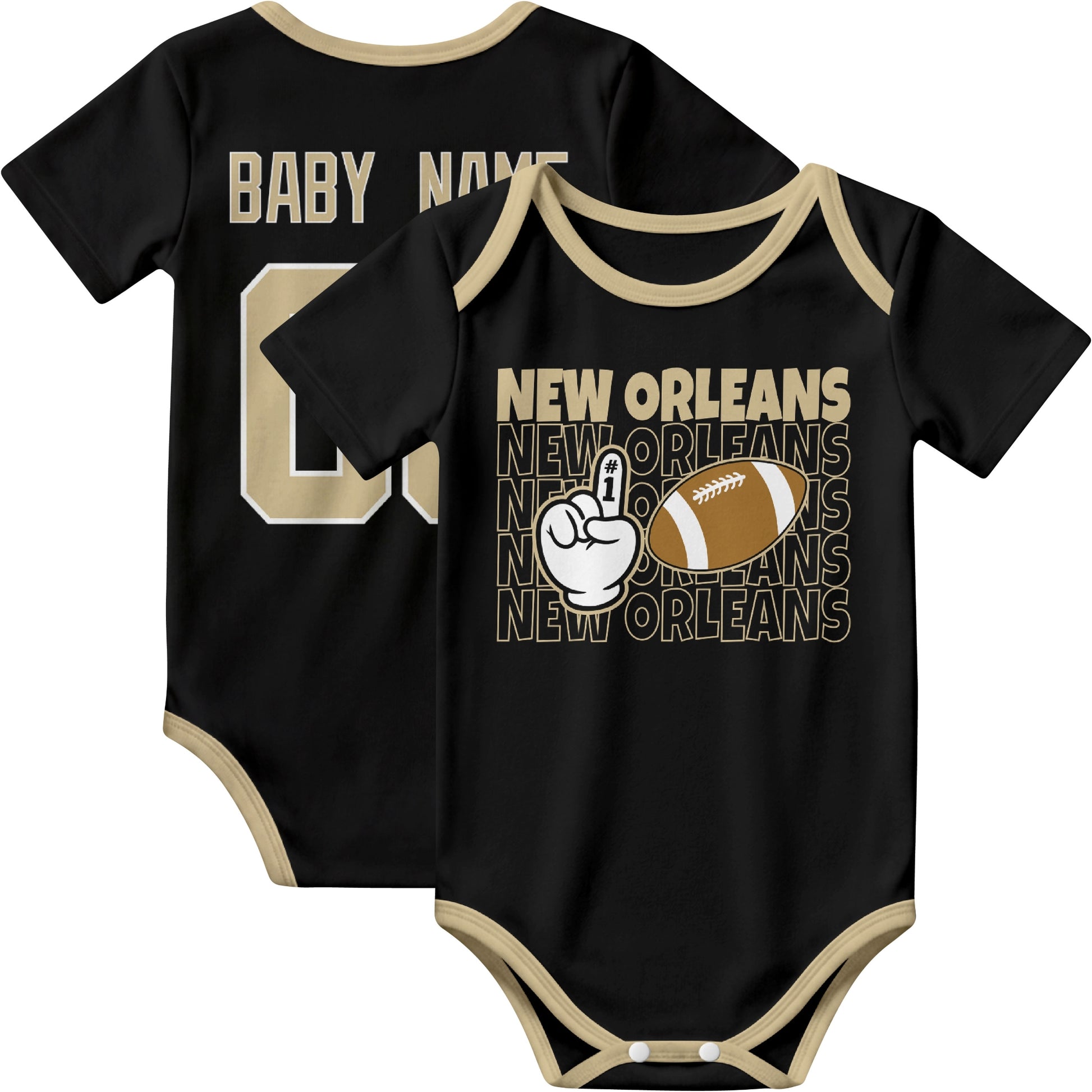New Orleans personalized football baby bodysuit in Black showing front number one fan design and back custom baby name and number
