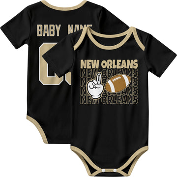 New Orleans personalized football baby bodysuit in Black showing front number one fan design and back custom baby name and number