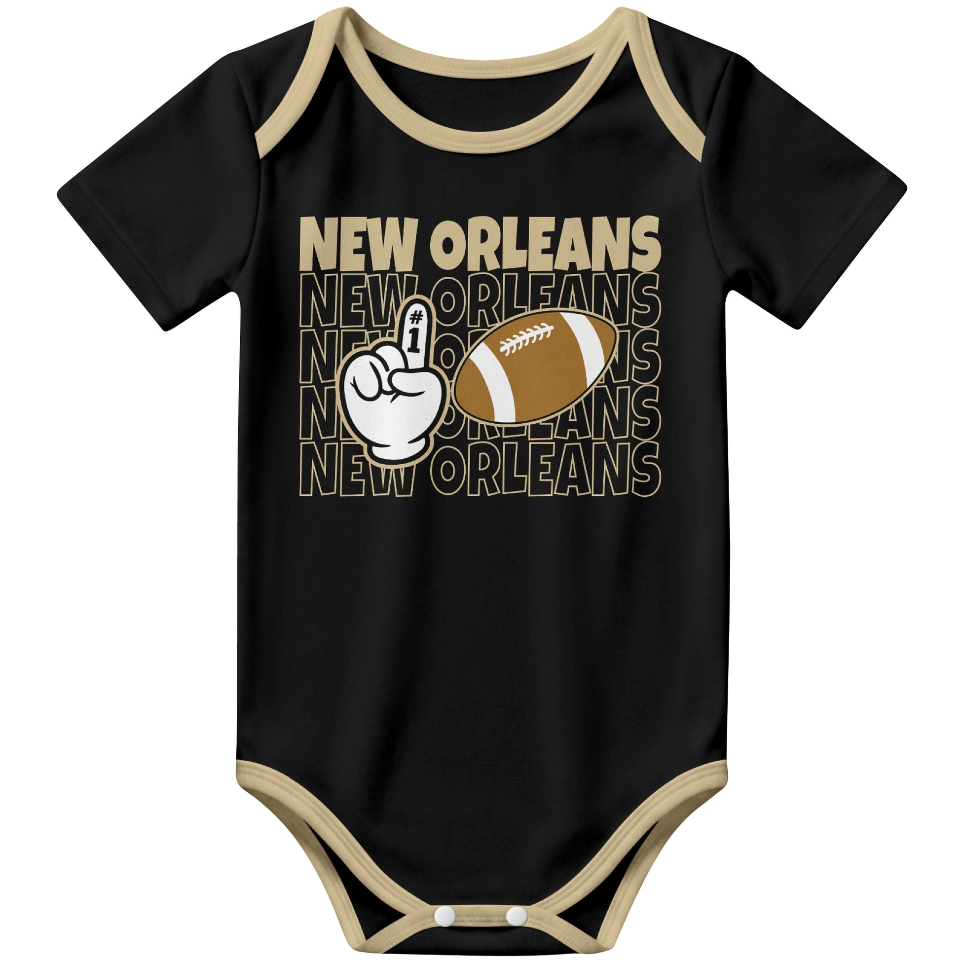 New Orleans Black football baby bodysuit front view with city lettering football and number one fan hand graphic