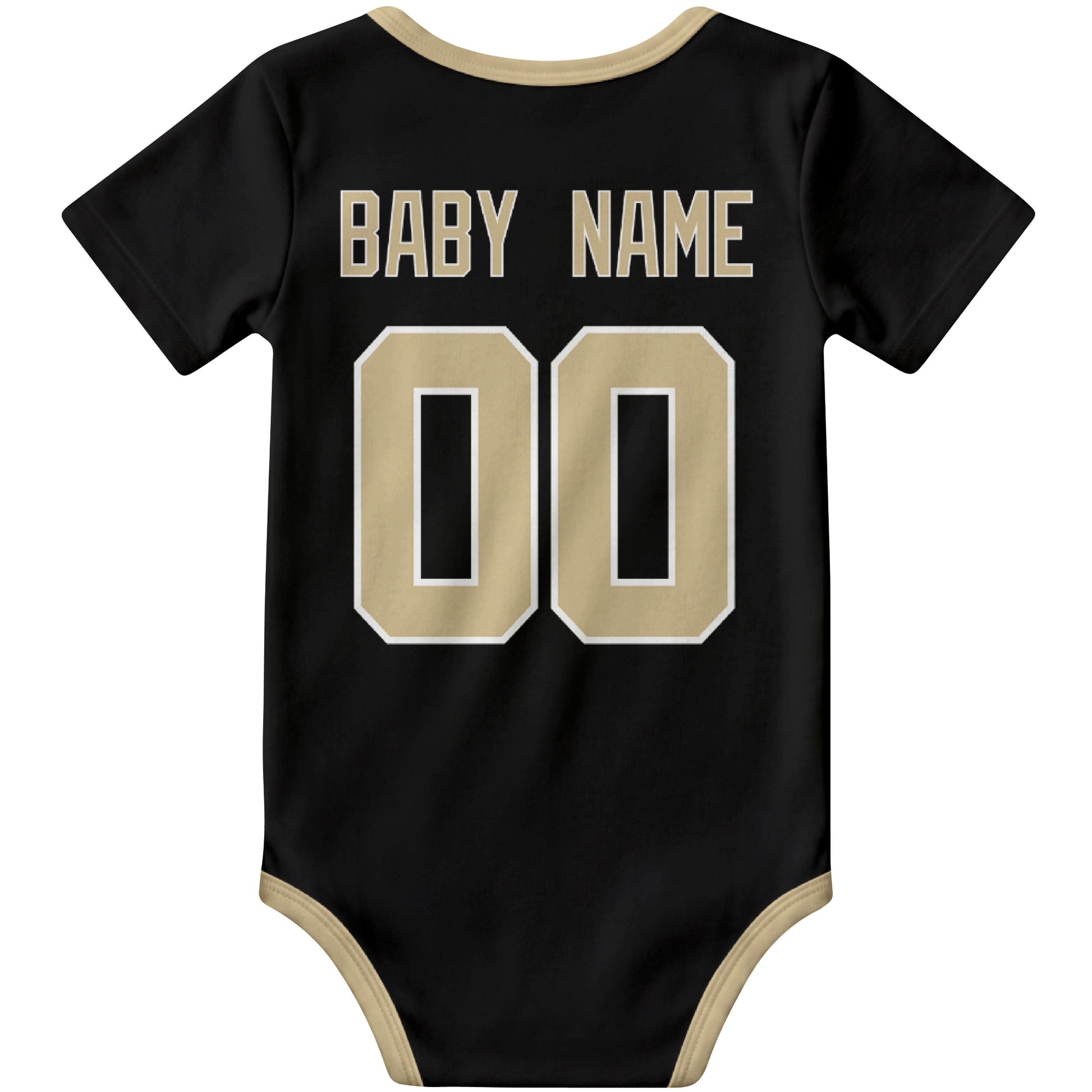 New Orleans Black personalized football baby bodysuit back view with custom baby name and jersey number