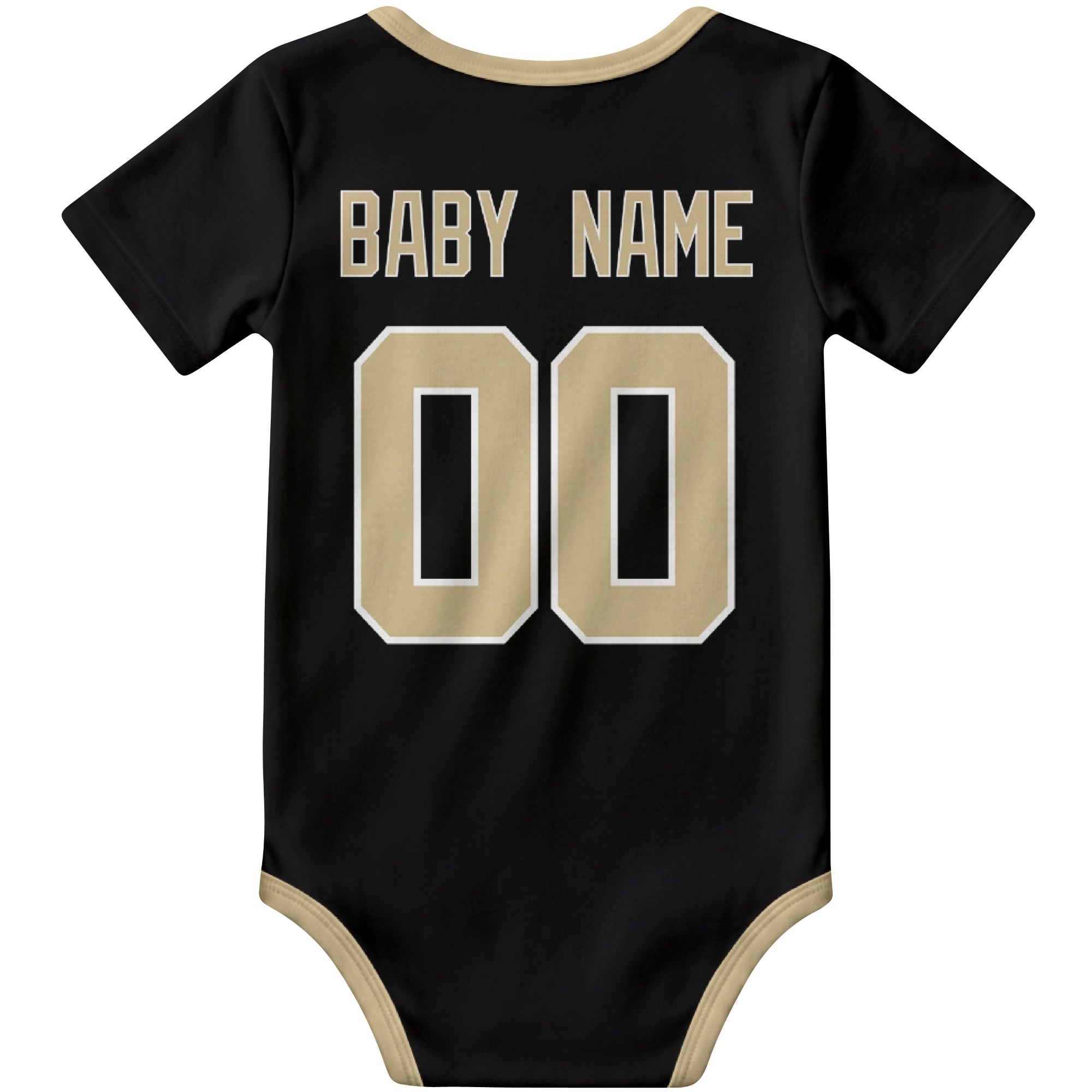 New Orleans Black personalized football baby bodysuit back view with custom baby name and jersey number