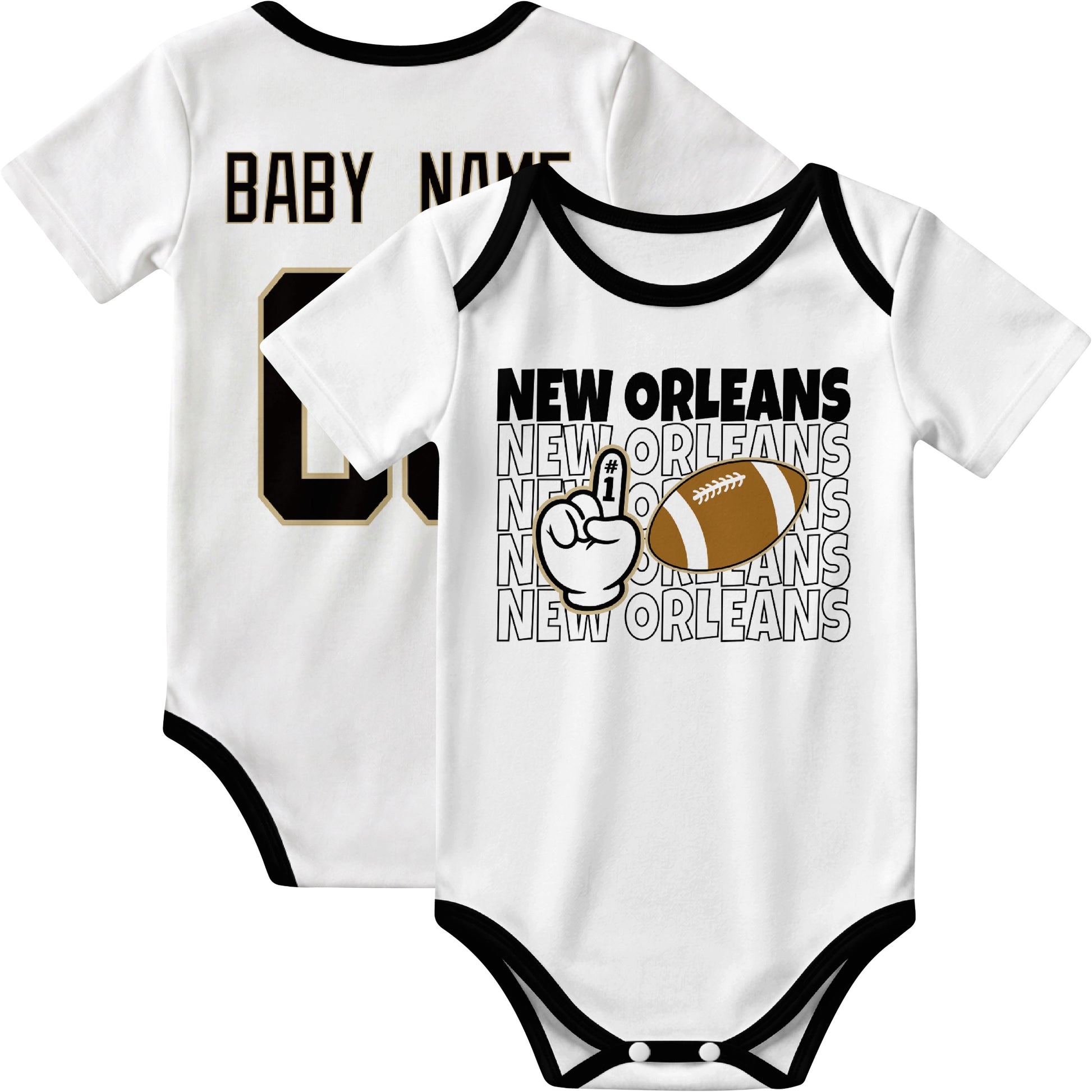 New Orleans personalized football baby bodysuit in White showing front number one fan design and back custom baby name and number