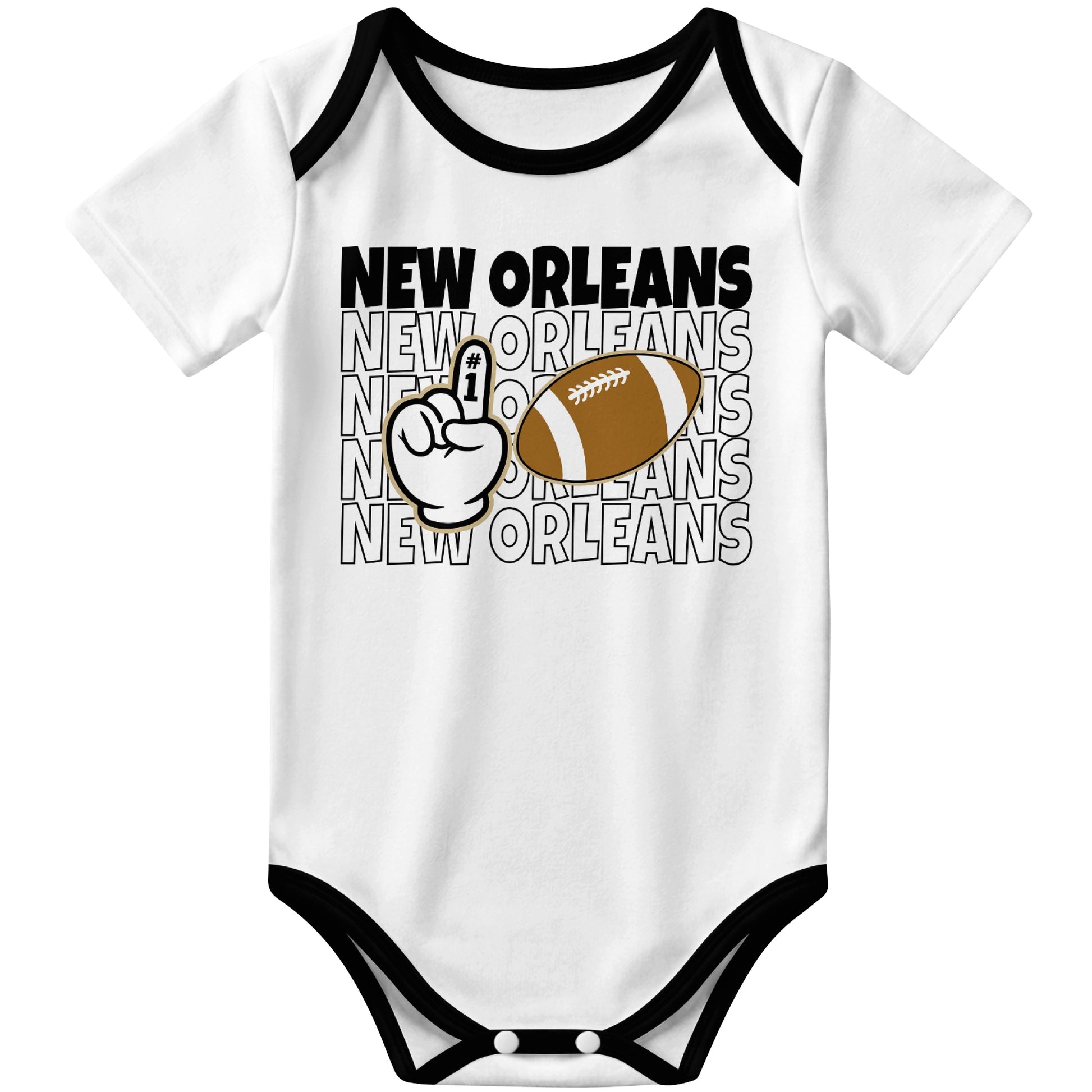 New Orleans White football baby bodysuit front view with city lettering football and number one fan hand graphic