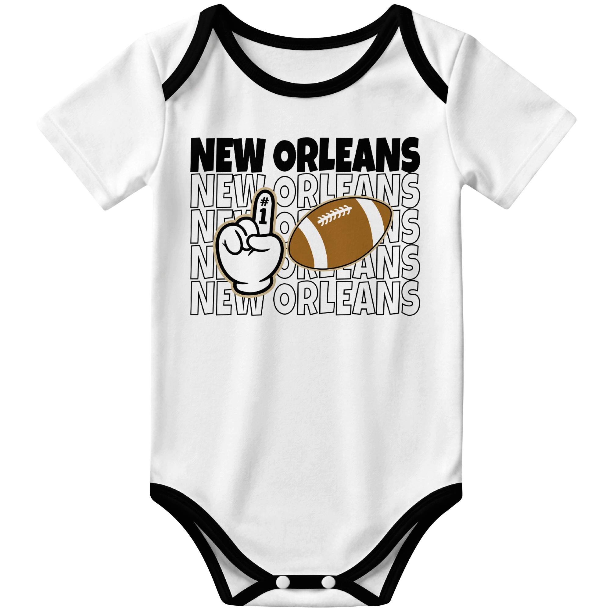 New Orleans White football baby bodysuit front view with city lettering football and number one fan hand graphic