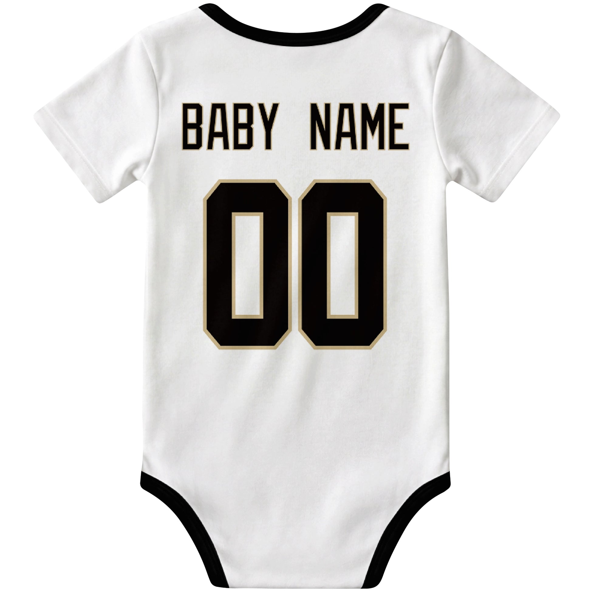 New Orleans White personalized football baby bodysuit back view with custom baby name and jersey number
