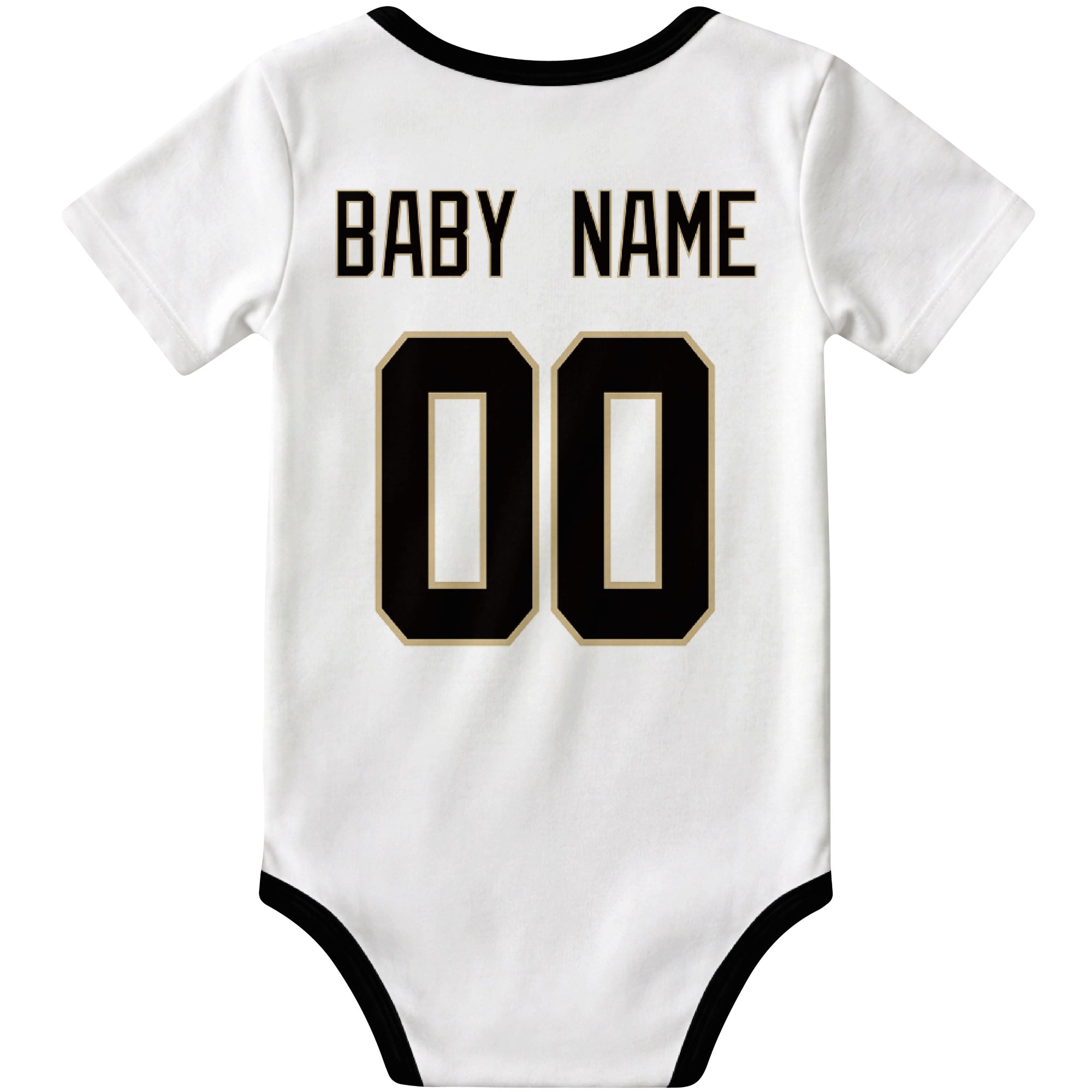 New Orleans White personalized football baby bodysuit back view with custom baby name and jersey number