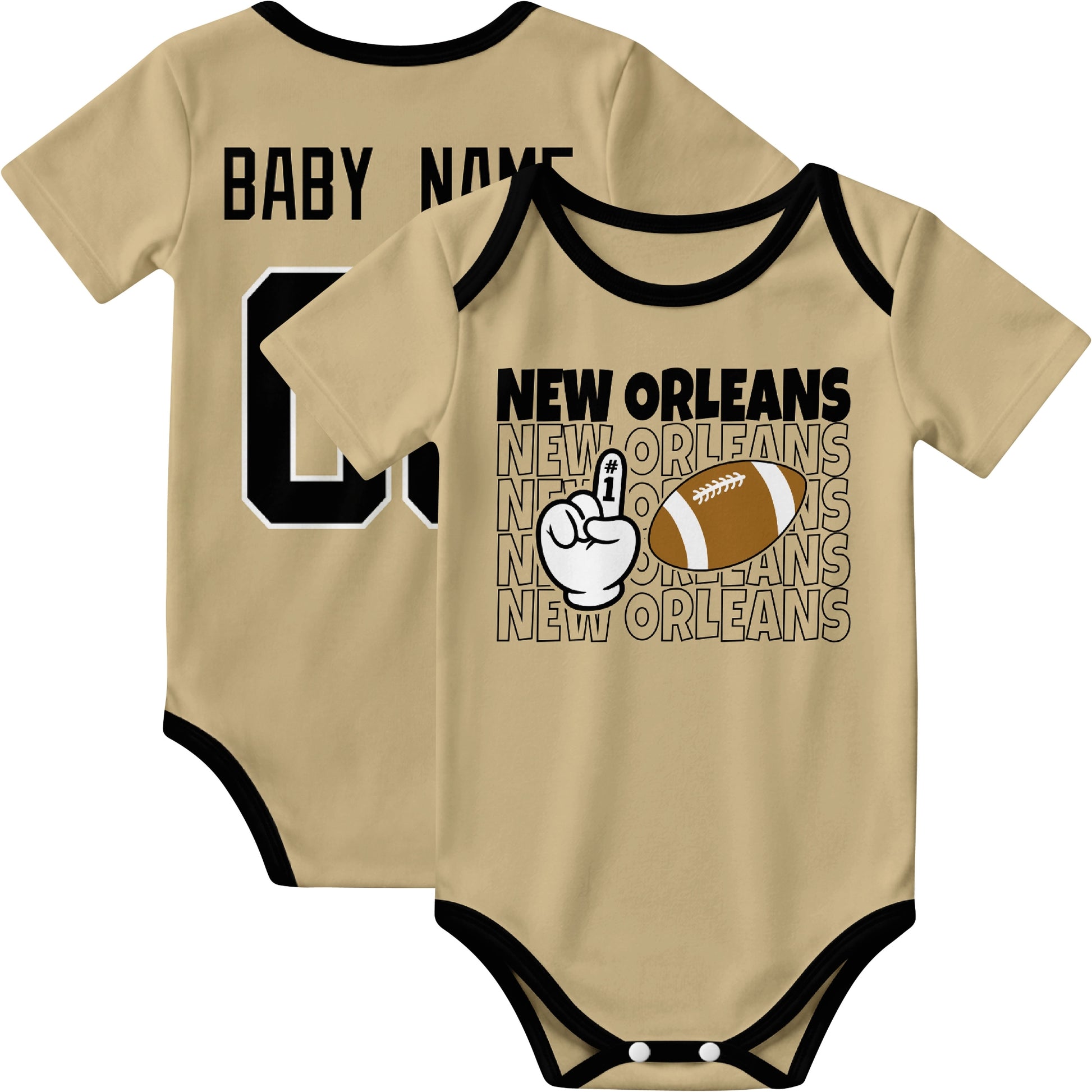New Orleans personalized football baby bodysuit in Gold showing front number one fan design and back custom baby name and number