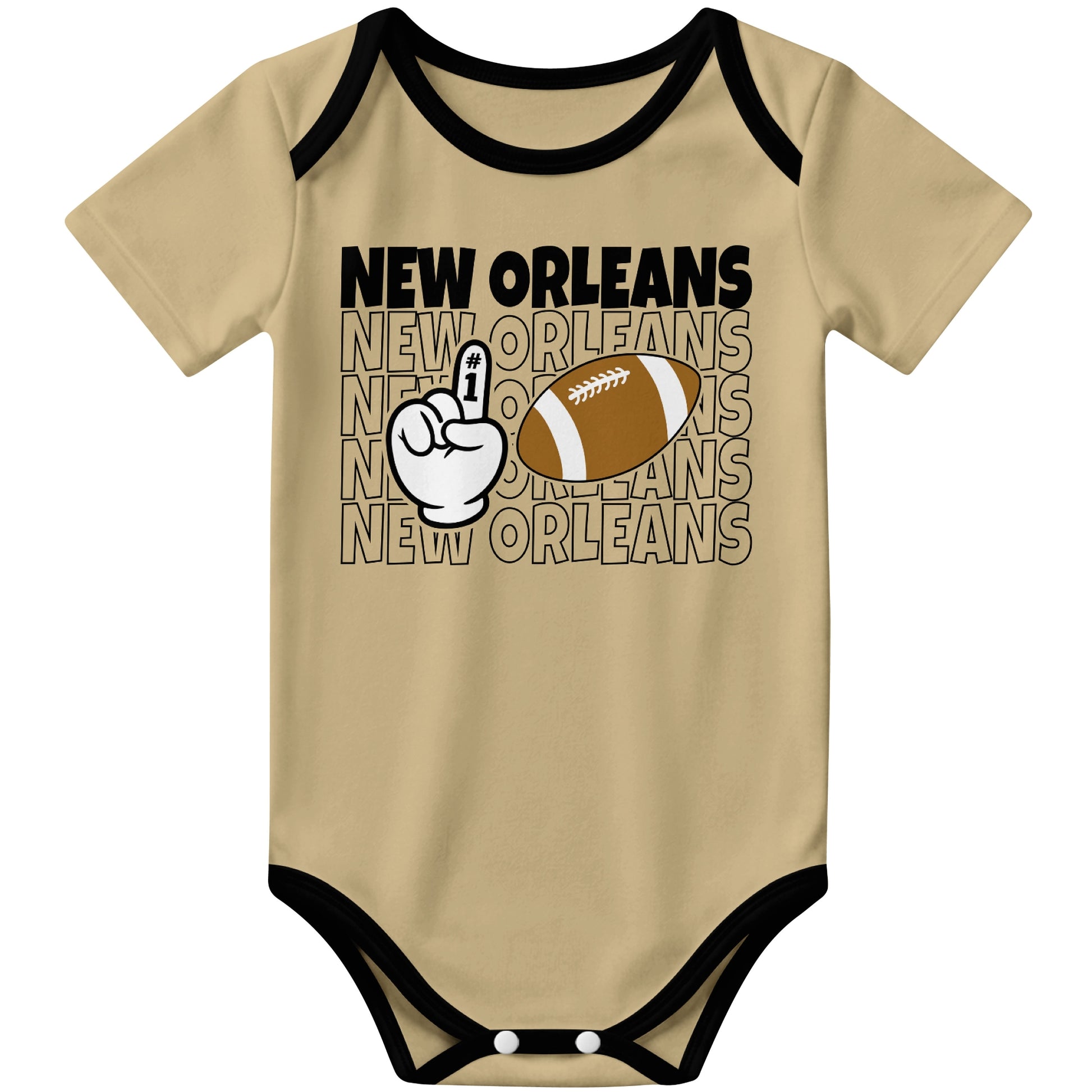 New Orleans Gold football baby bodysuit front view with city lettering football and number one fan hand graphic