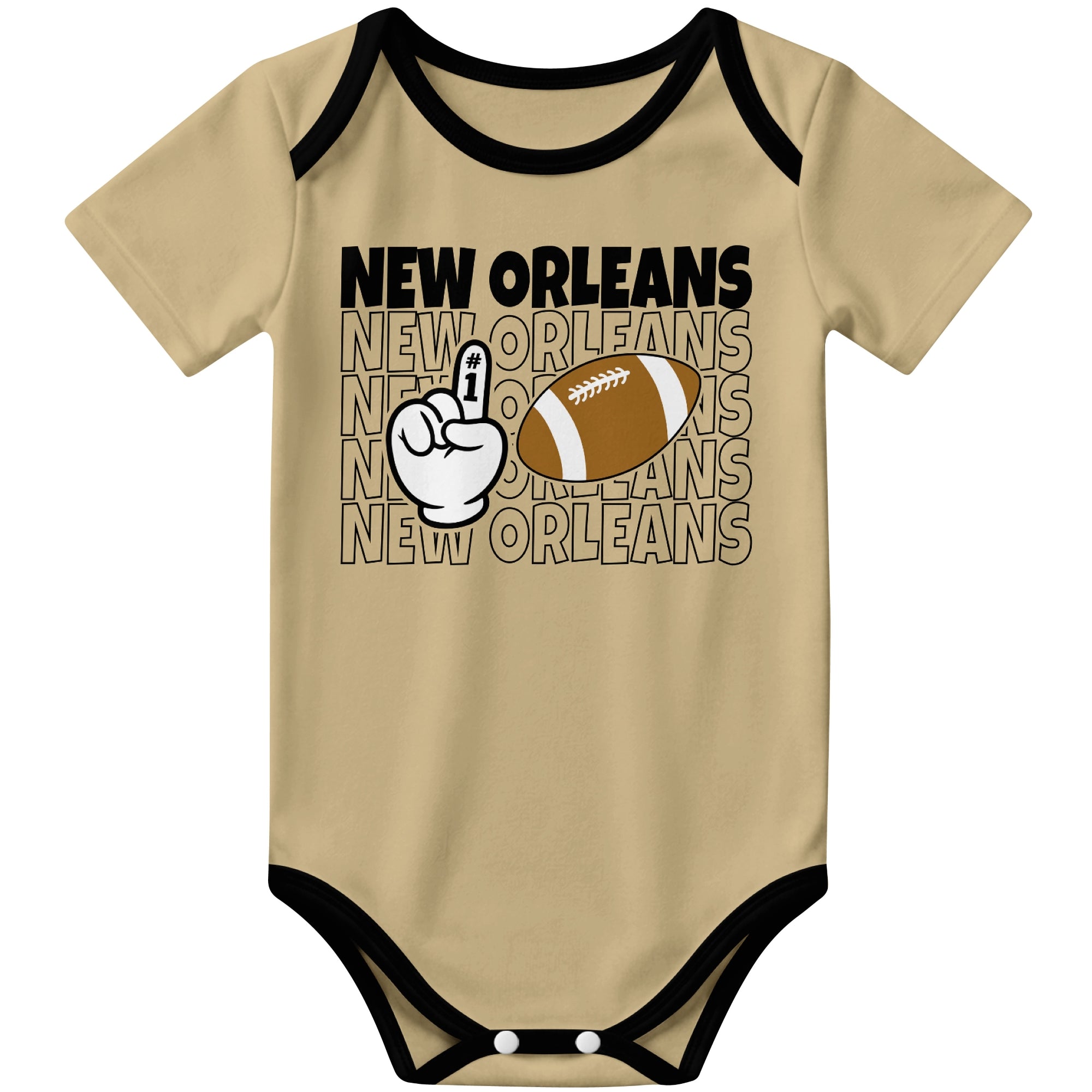 New Orleans Gold football baby bodysuit front view with city lettering football and number one fan hand graphic