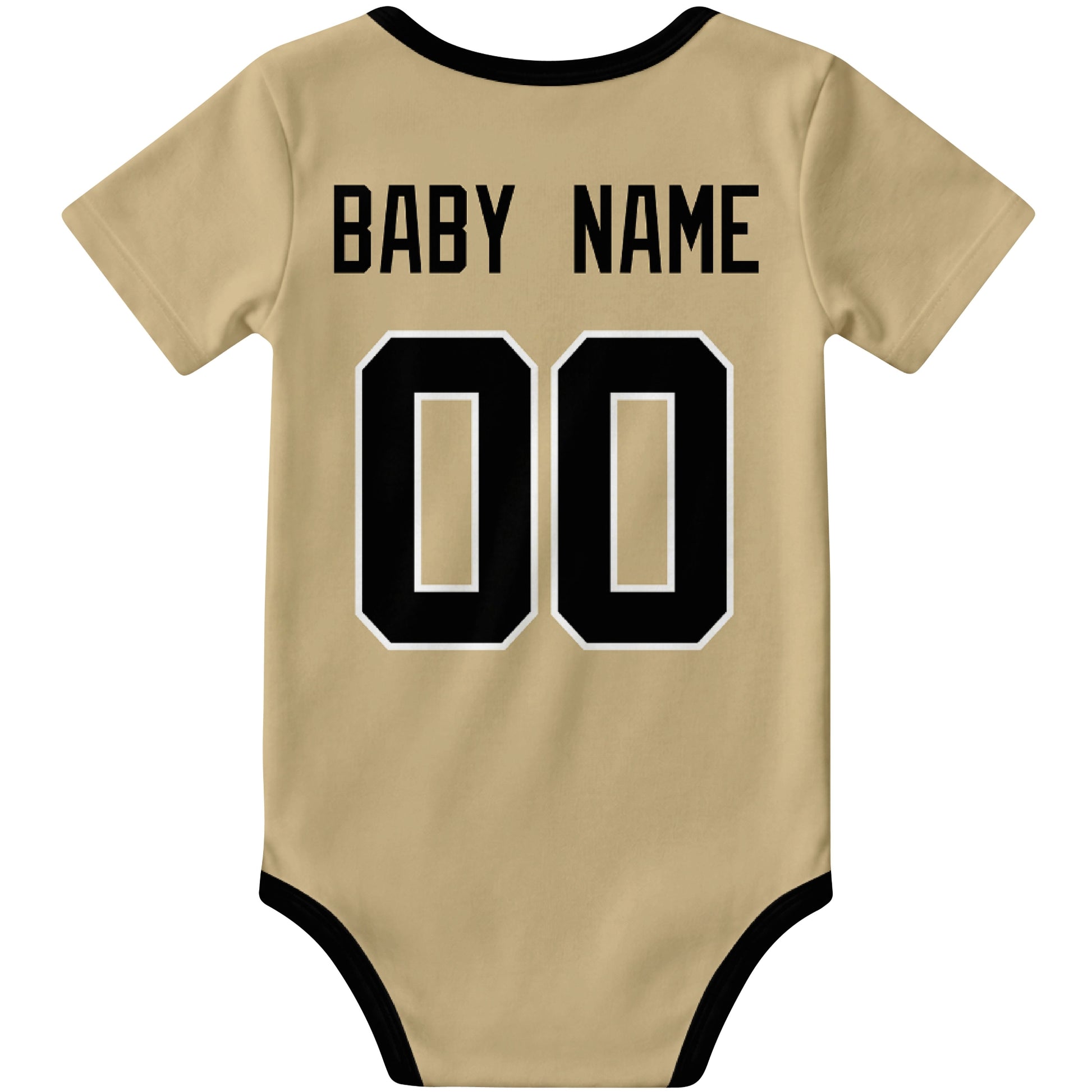 New Orleans Gold personalized football baby bodysuit back view with custom baby name and jersey number