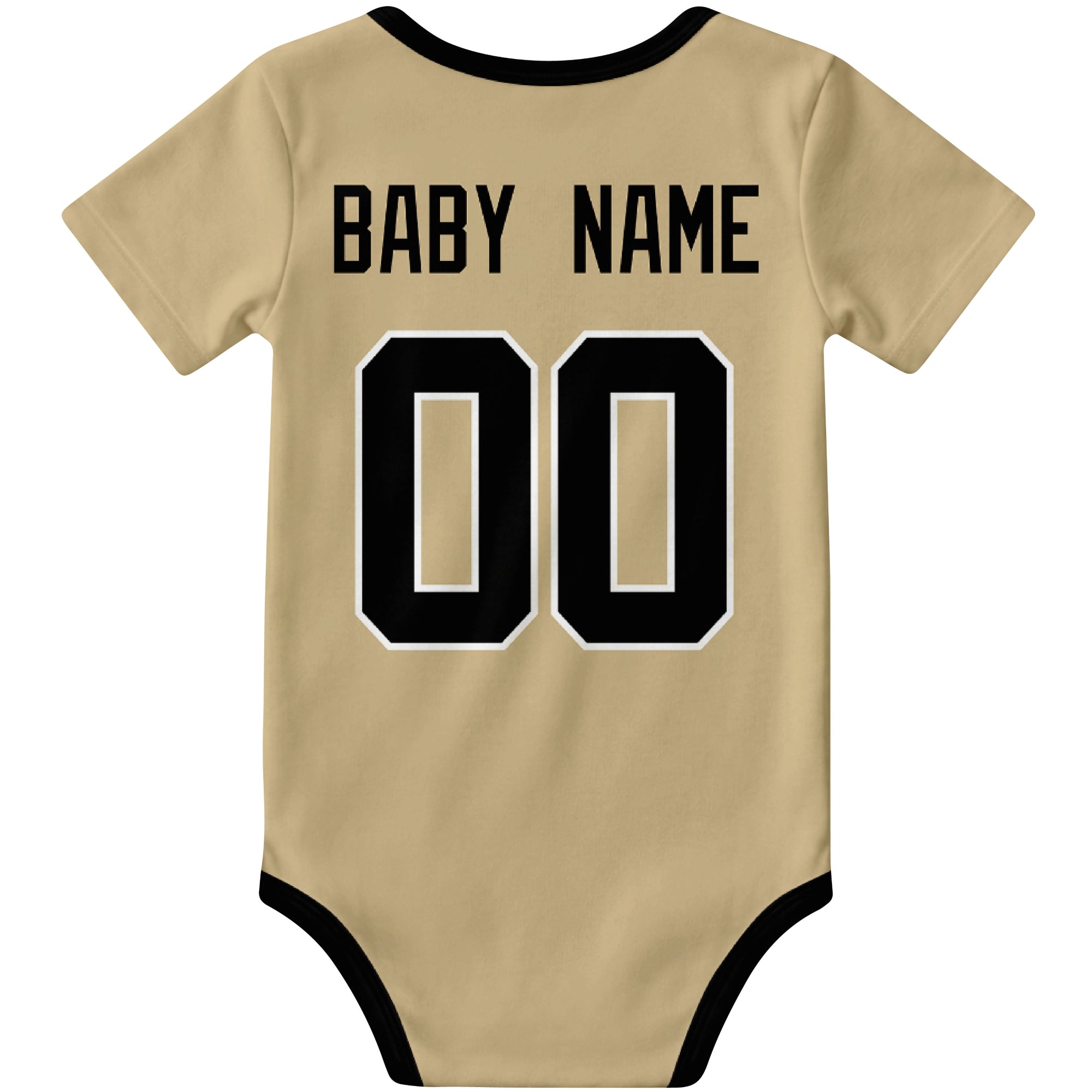 New Orleans Gold personalized football baby bodysuit back view with custom baby name and jersey number