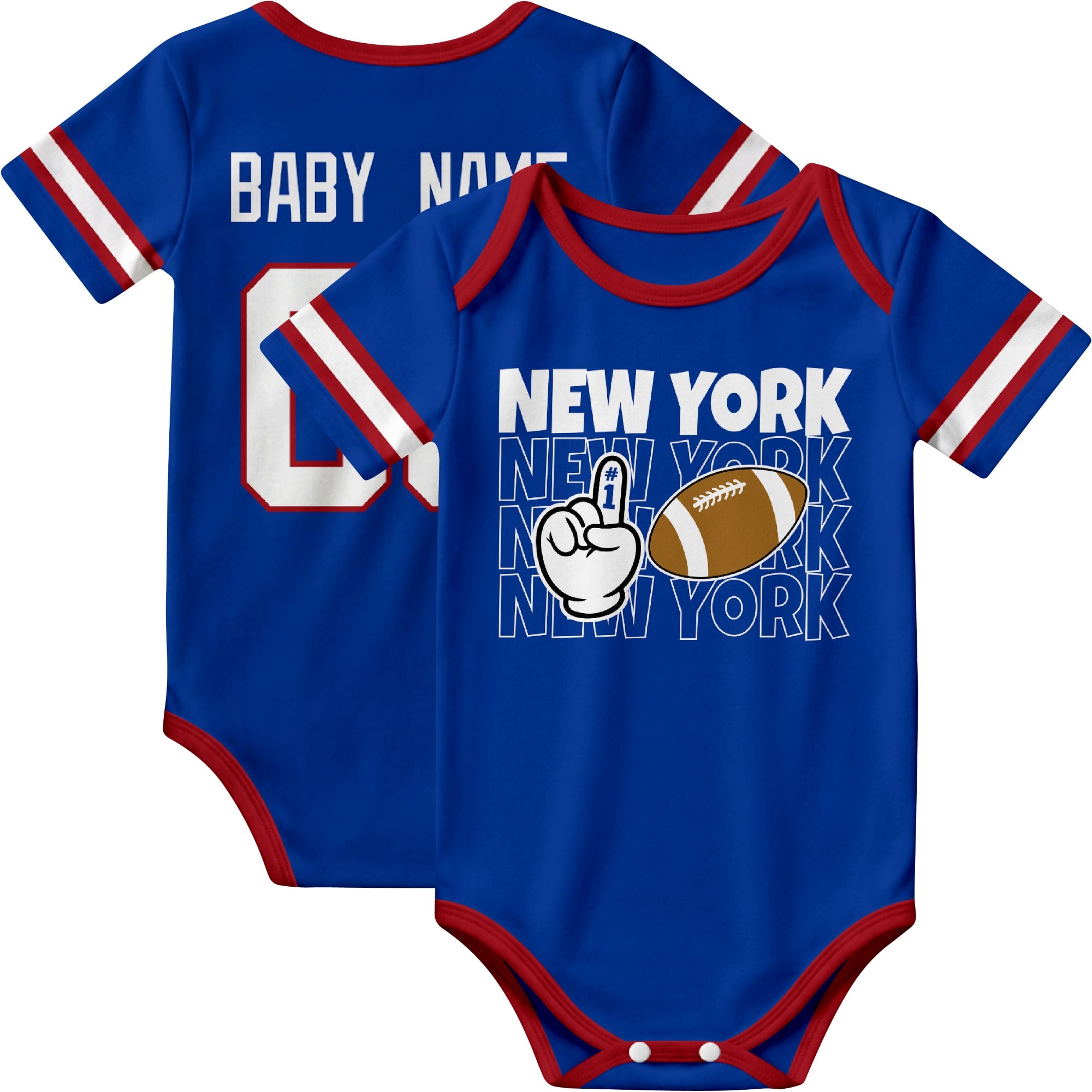 New York Blue personalized football baby bodysuit in Royal showing front number one fan design and back custom baby name and number